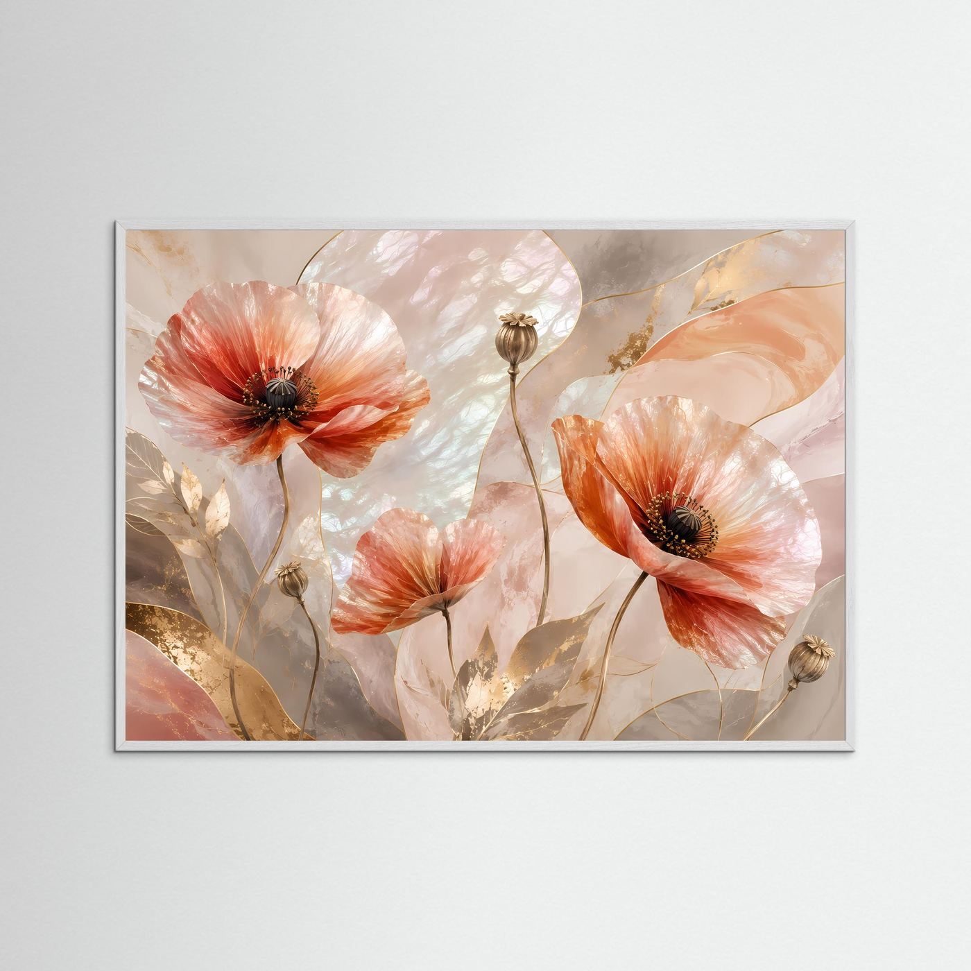 Poster mit abstrakten Mohnblumen in Pastell und Perlmutt, weißer Rahmen, Querformat.