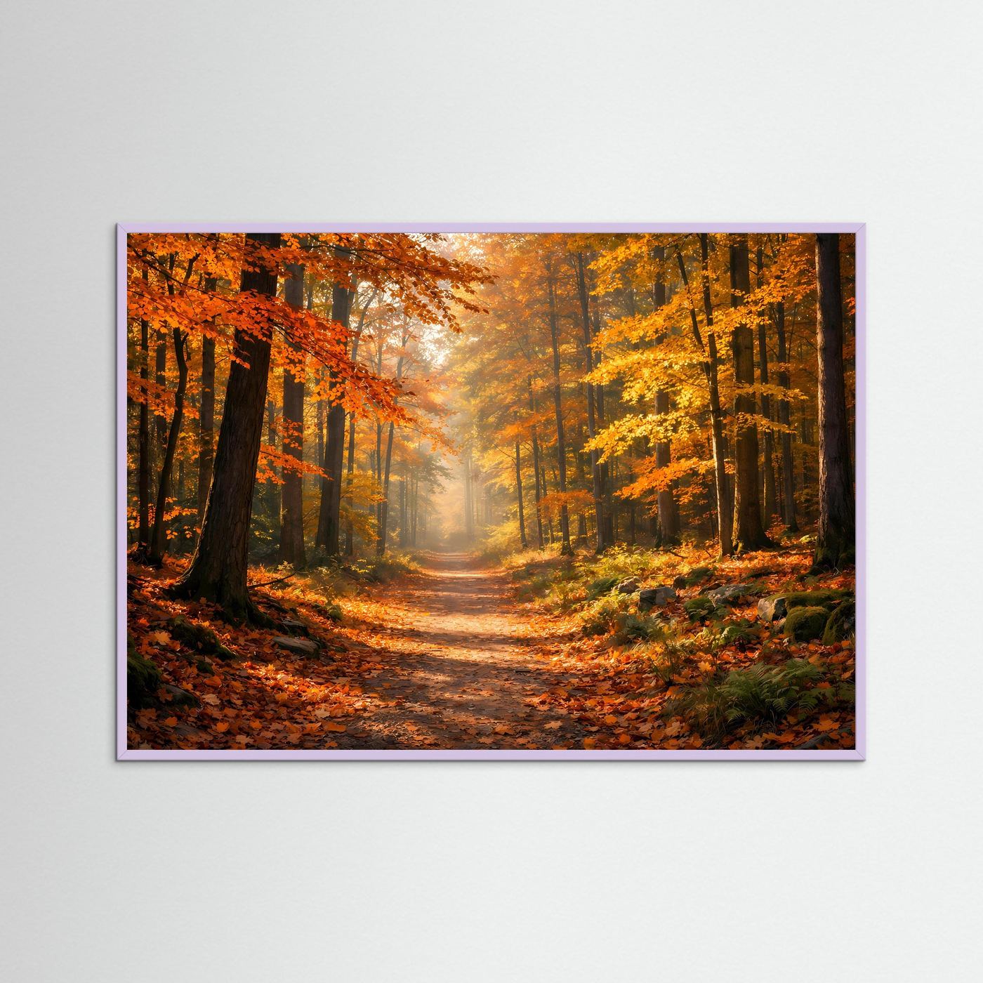 Querformatiges Wald-Wandbild mit Herbstweg und bunten Bäumen, mit violettem Rahmen