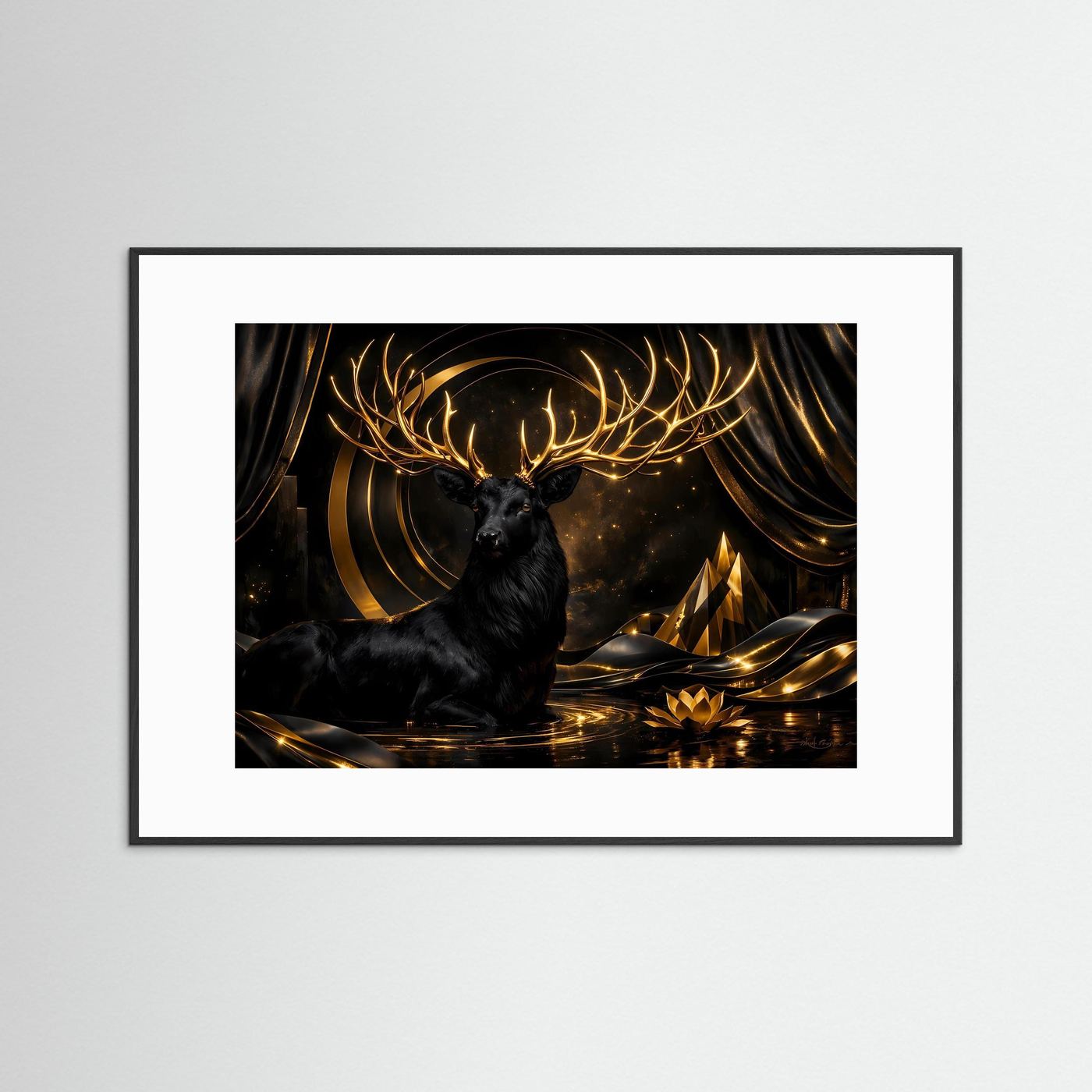 Poster Schwarzer Hirsch mit Goldenem Geweih | Majestätisches Abstraktes Wandbild