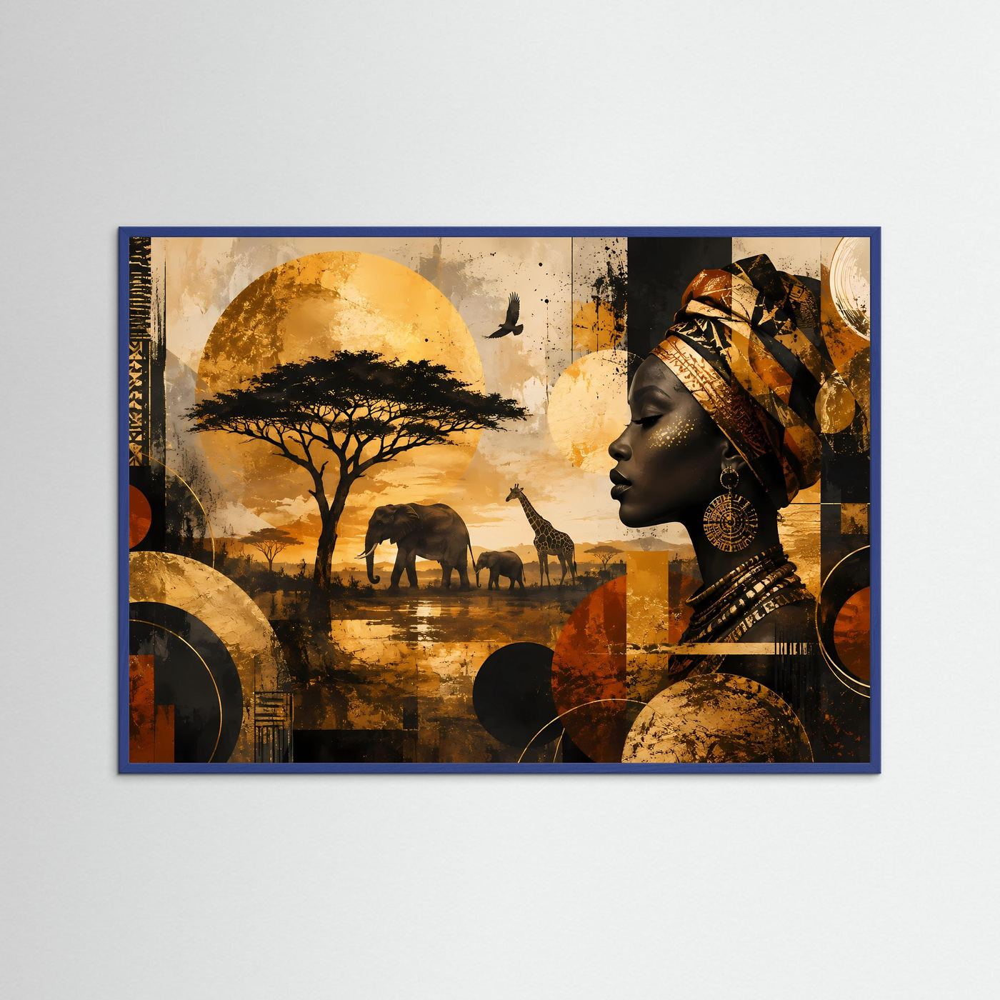 Gerahmtes Poster im Querformat mit blauem Rahmen: Afrikanerin im Profil, Elefanten und Giraffen.