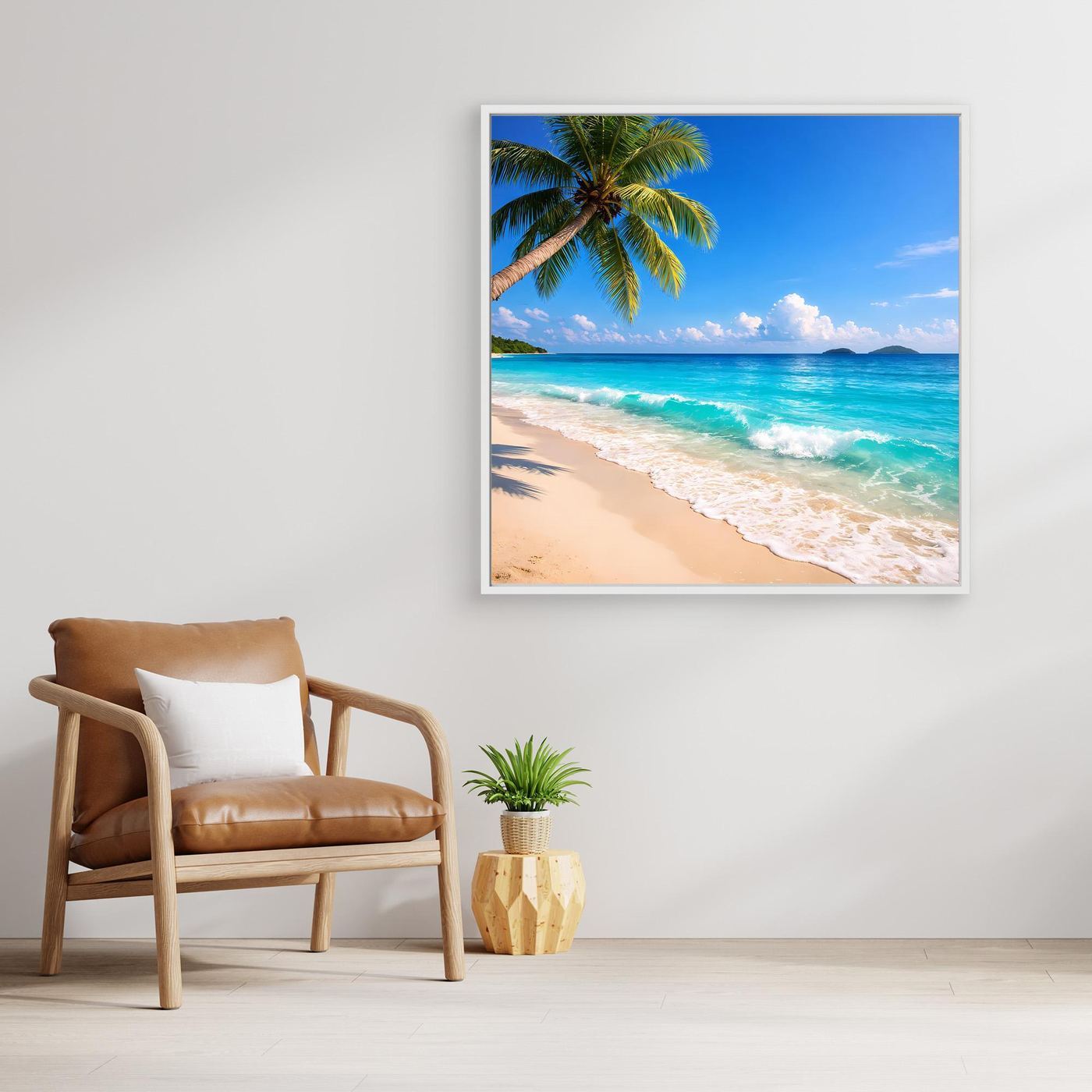 Leinwandbild Tropischer Traumstrand mit Palme, blaues Meer, sanfte Wellen und Sand