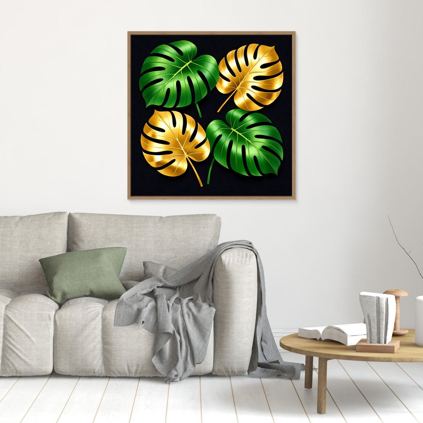 Leinwandbild mit Monstera-Blättern, grün und gold, brauner Rahmen