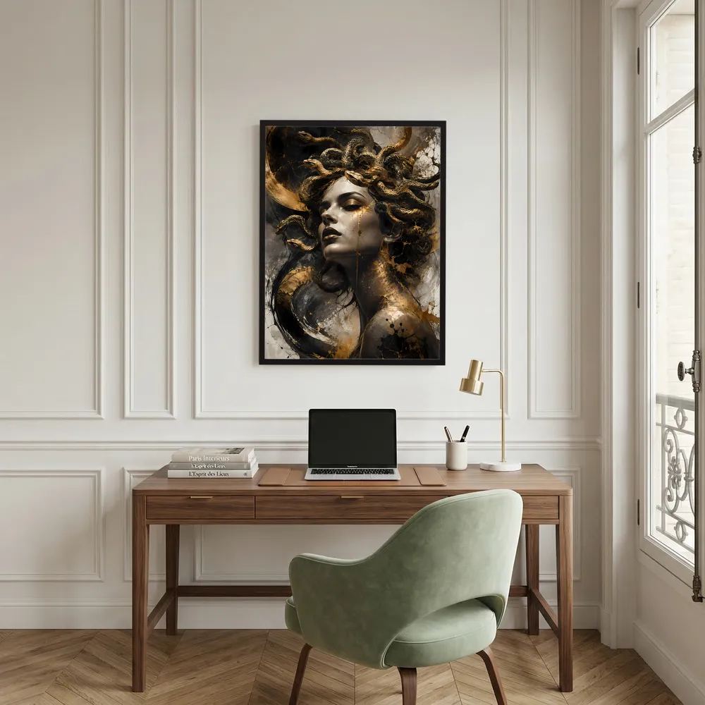 Gerahmtes Poster mit Medusa-Figur, goldene Schlangen um Kopf und Schulterbereiche