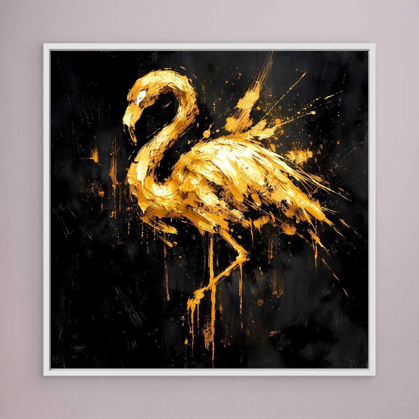 Leinwand Goldener Flamingo auf Schwarz | Abstraktes Modernes Tier Wandbild Kunst