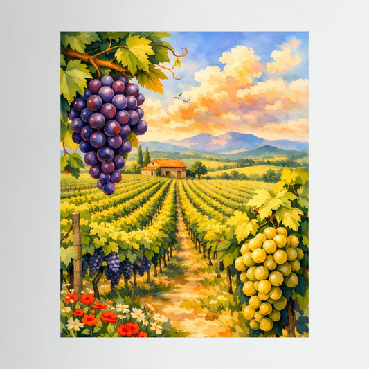 Hochformat-Poster mit Weinbergen, violetten und gelben Trauben, Pfad und Landschaft