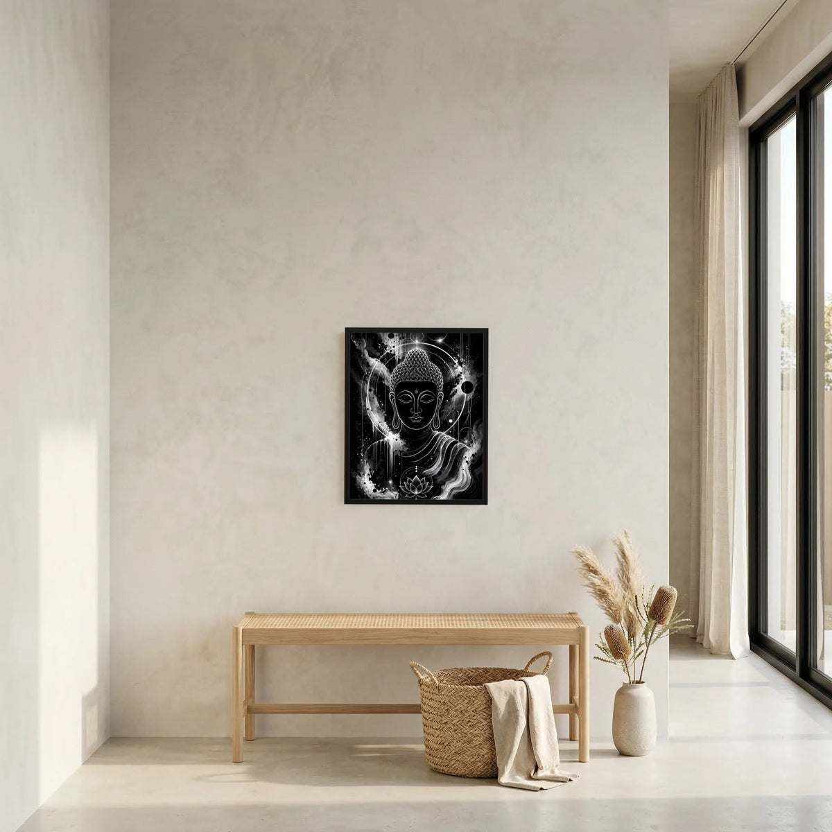 Hochformat-Poster: sitzender Buddha in Schwarzweiß mit Lotus und kosmischer Aura im schwarzen Rahmen