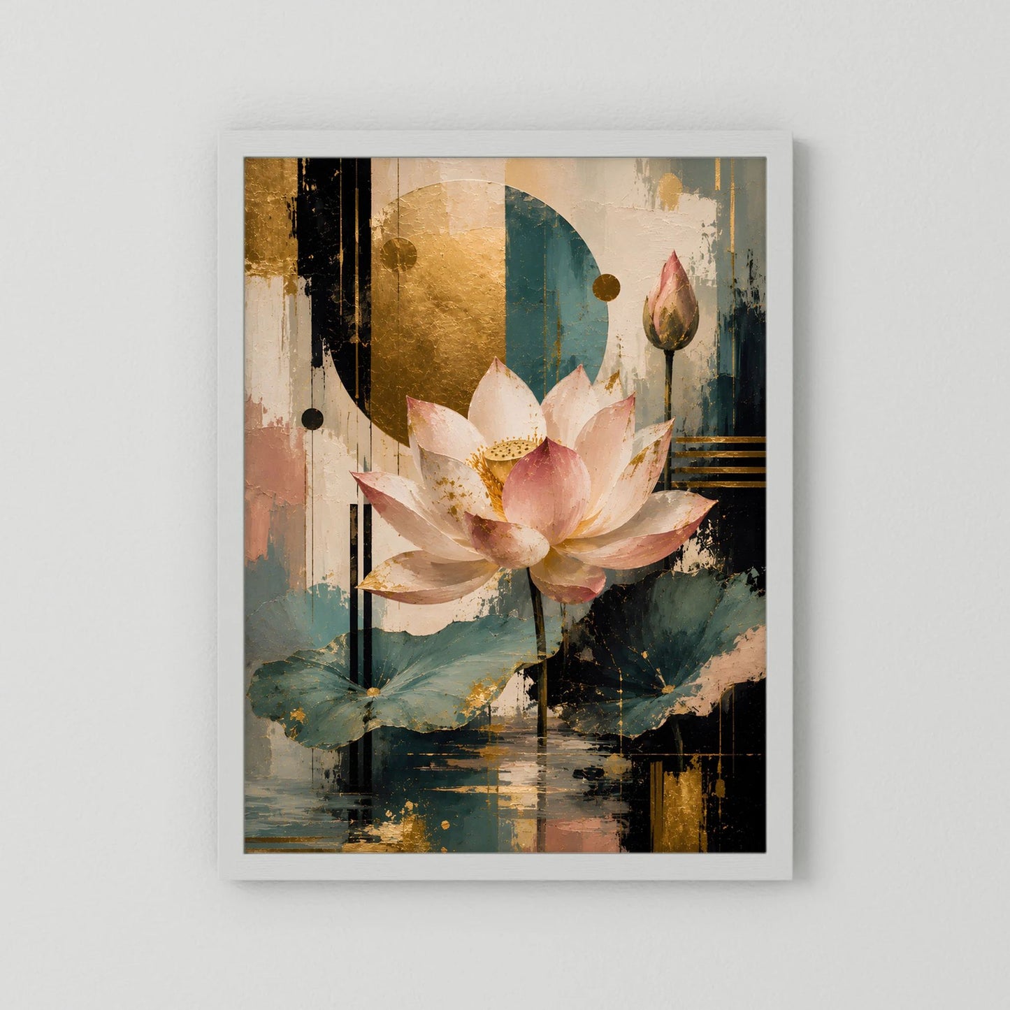 Gerahmtes Lotusblüten-Poster mit weißem Rahmen: Rosa Blüte, Gold, Türkis und abstrakte Flächen.