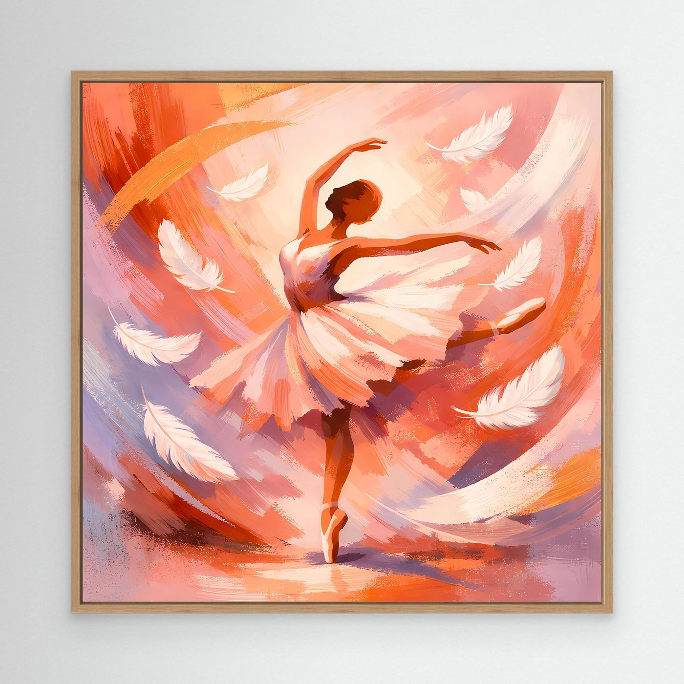 Abstraktes Leinwandbild mit Ballerina in warmen Orange- und Pinktönen, Eichenrahmen