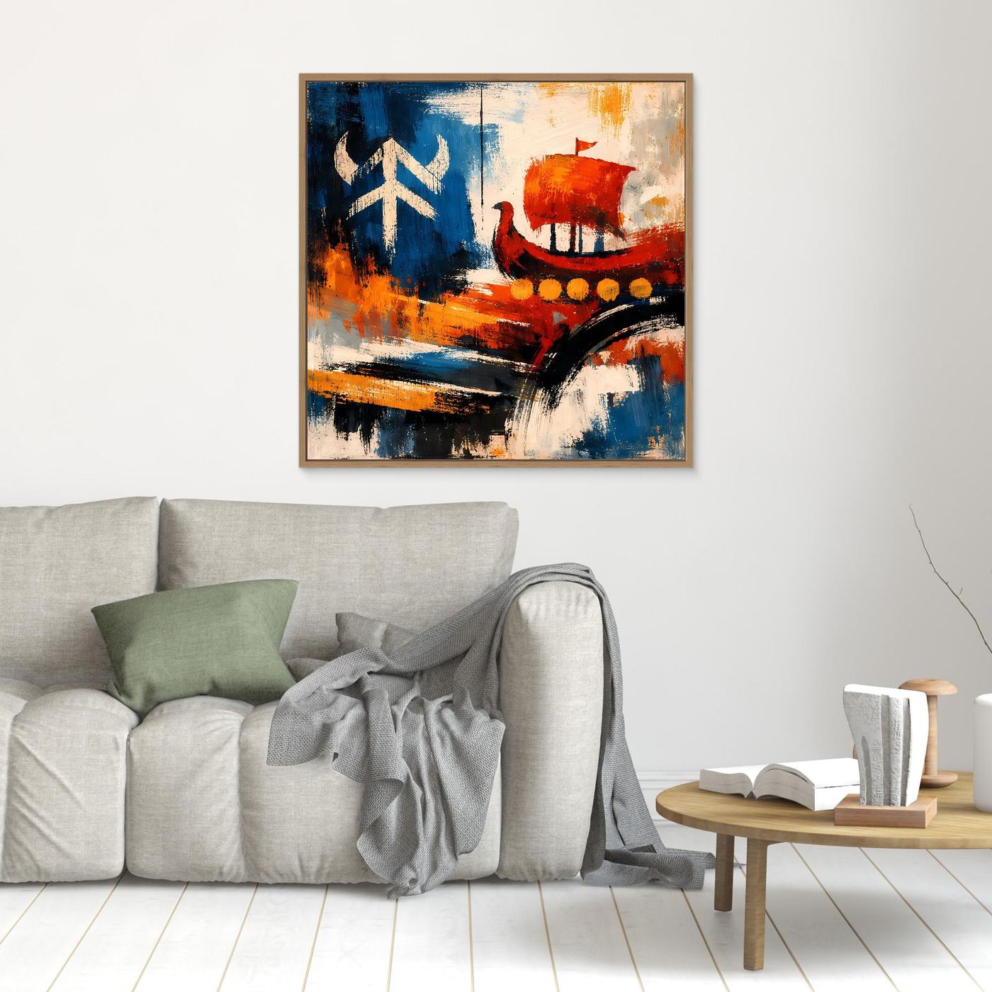 Kleines gerahmtes abstraktes Wikingerschiff-Wandbild mit blauem Segel und rotem Boot