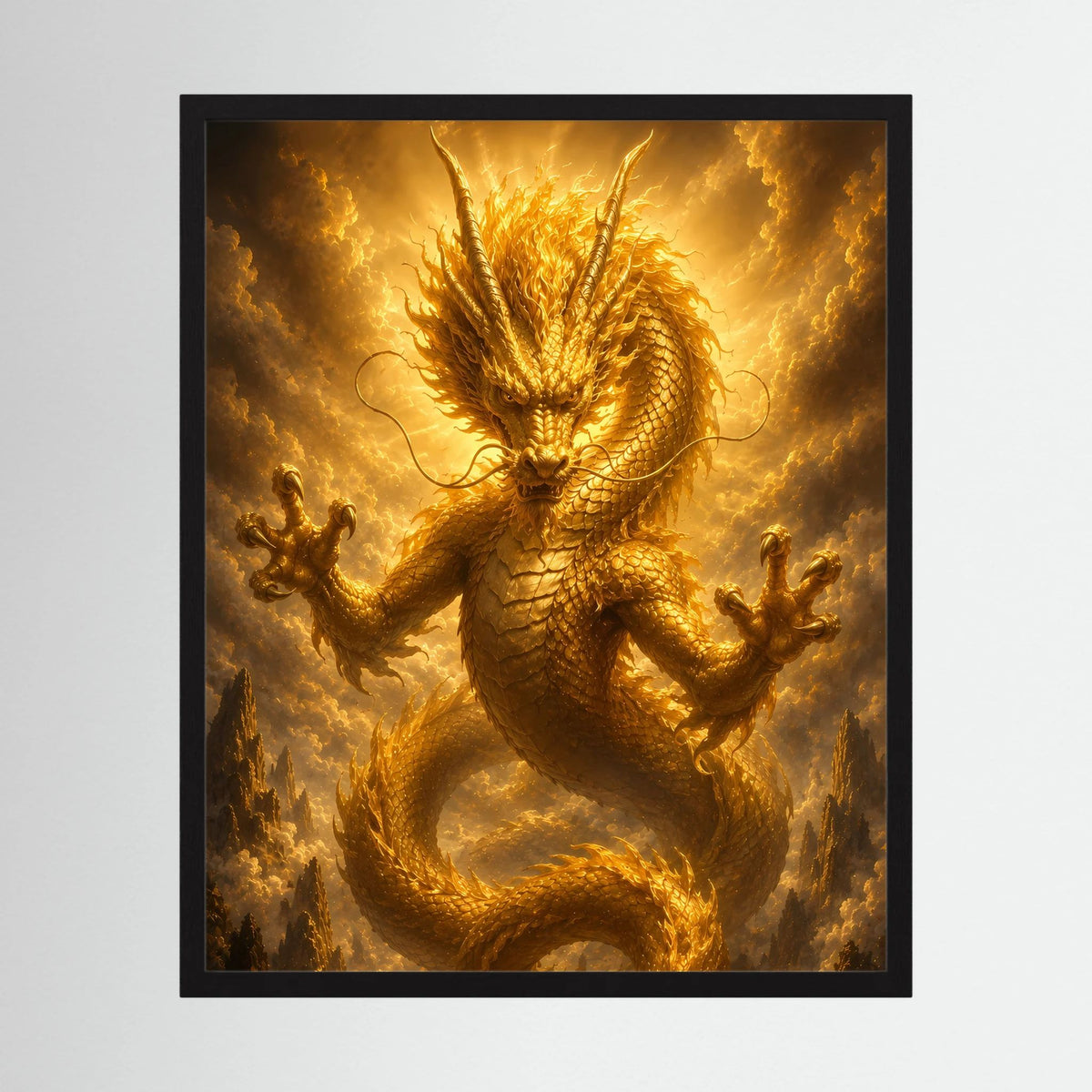 Gerahmtes Hochformat-Poster: goldener chinesischer Drache mit Flammen im Hintergrund