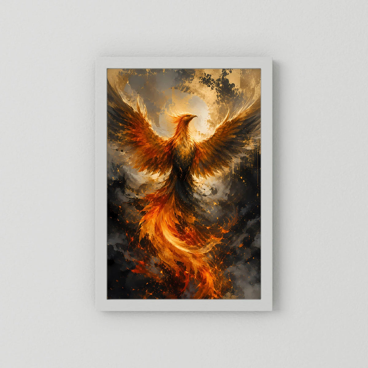 Poster im Hochformat: brennender Phönix in Gold und Orange, weiß gerahmt