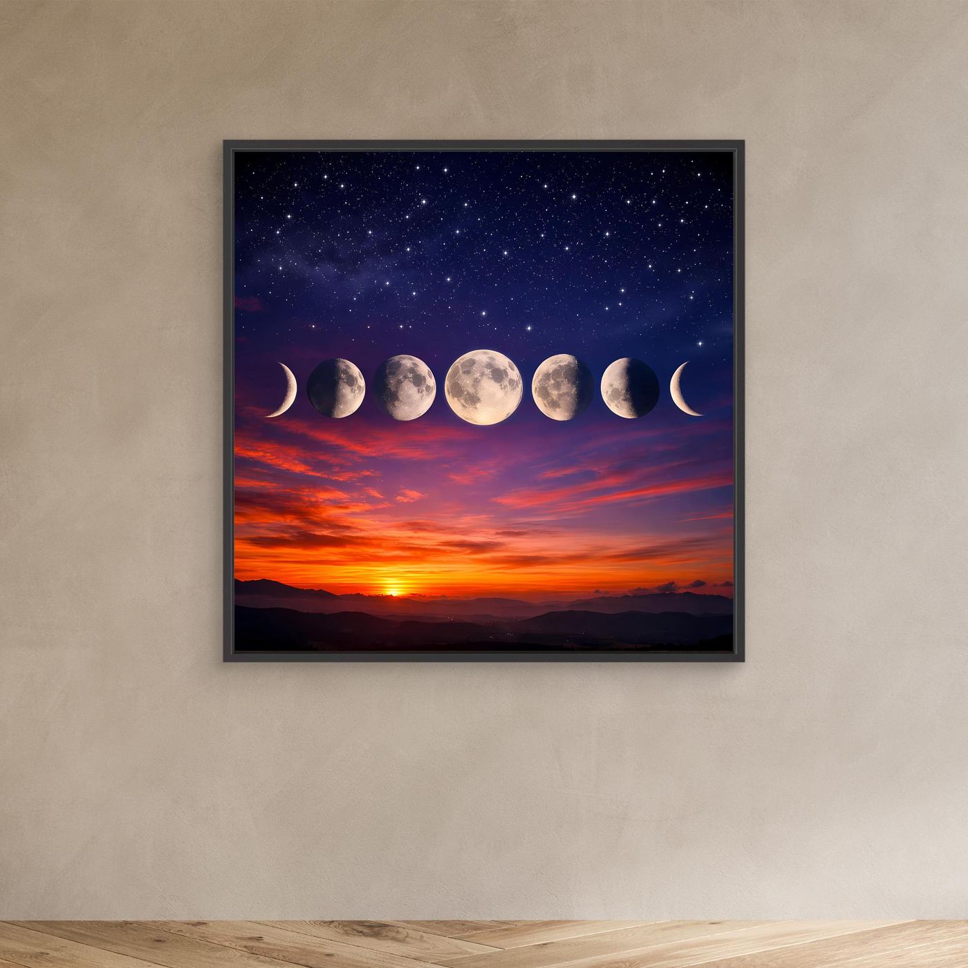 Leinwandbild mit Sternenhimmel und Mondphasen in schwarzem Rahmen an der Wand