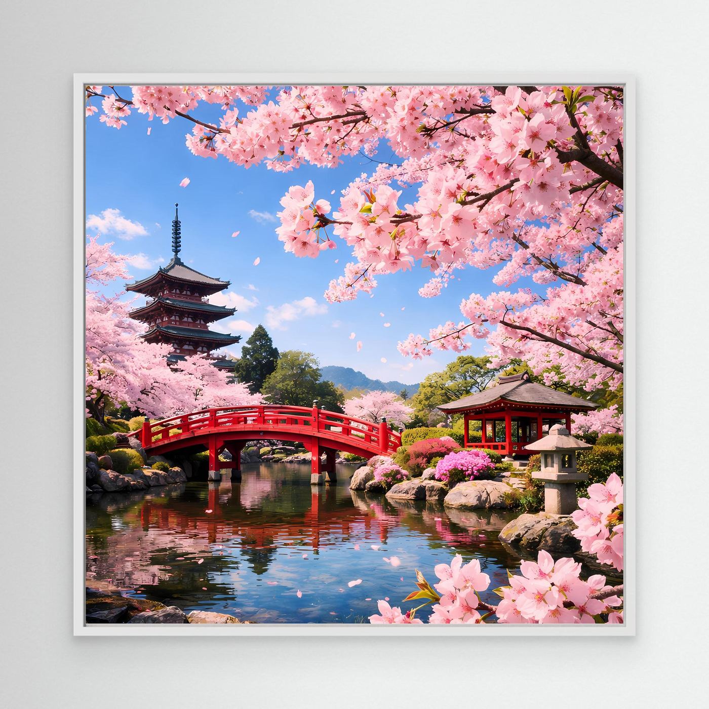 Leinwandbild Japanischer Garten mit Kirschblüten, roter Brücke und Pagode im weißen Rahmen