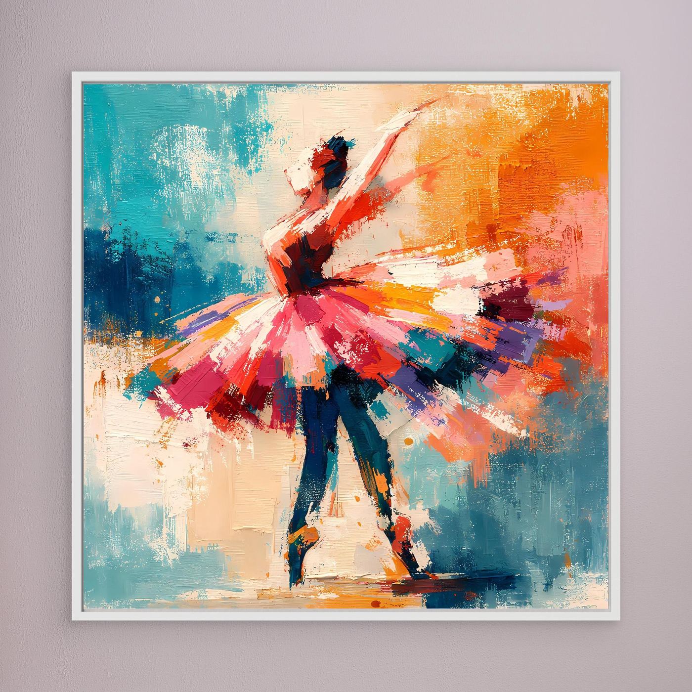 White-framed abstract ballerina wall art, dancer pose in red, blue, orange paint strokes.