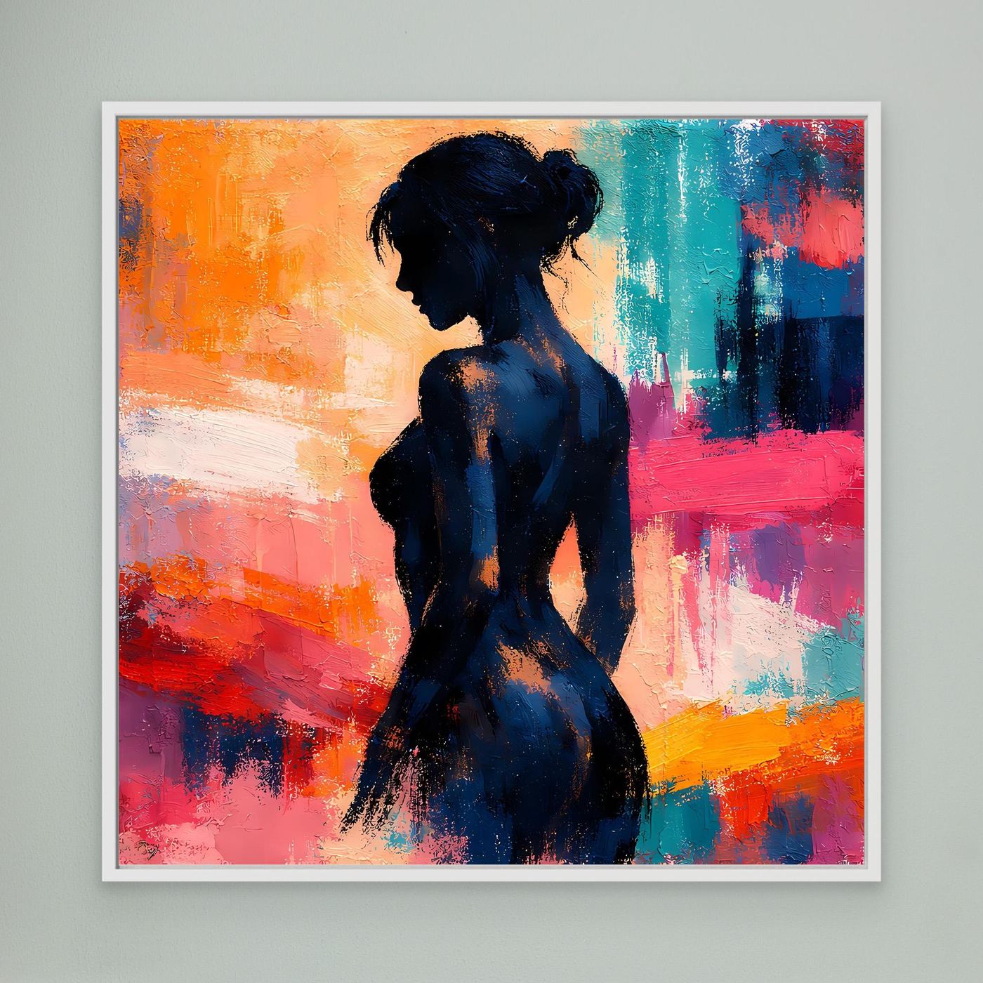 Gerahmtes Leinwand-Wandbild mit abstrakter Frauen-Silhouette in dunklem Blau, weißer Rahmen