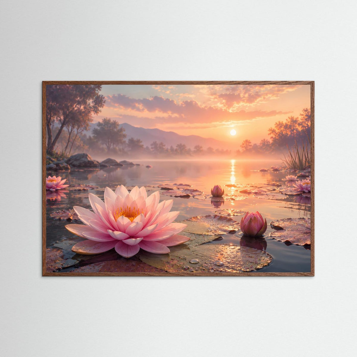 Poster mit rosa Seerosen auf See bei Sonnenuntergang, dunkler Holzrahmen, querformat