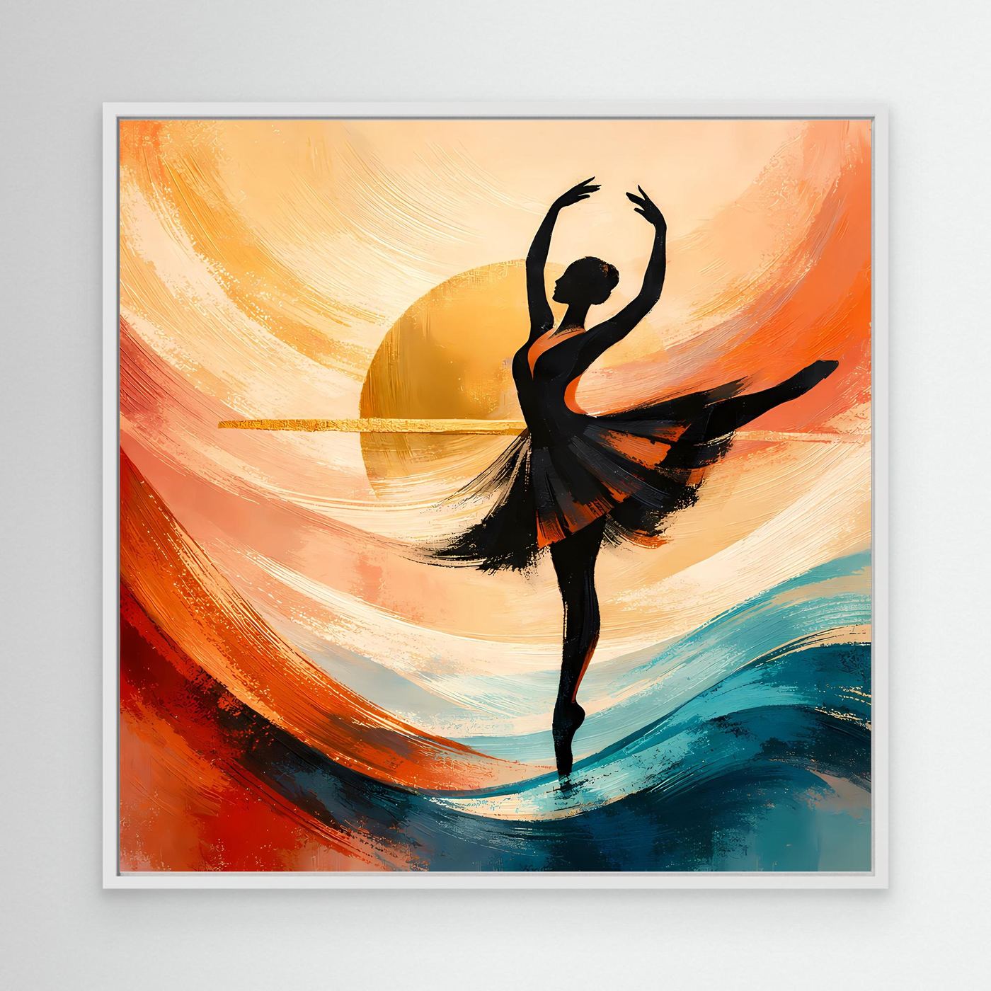 Abstraktes Leinwandbild im weißen Rahmen mit schwarz silhouettierter Ballerina und Farbwirbeln