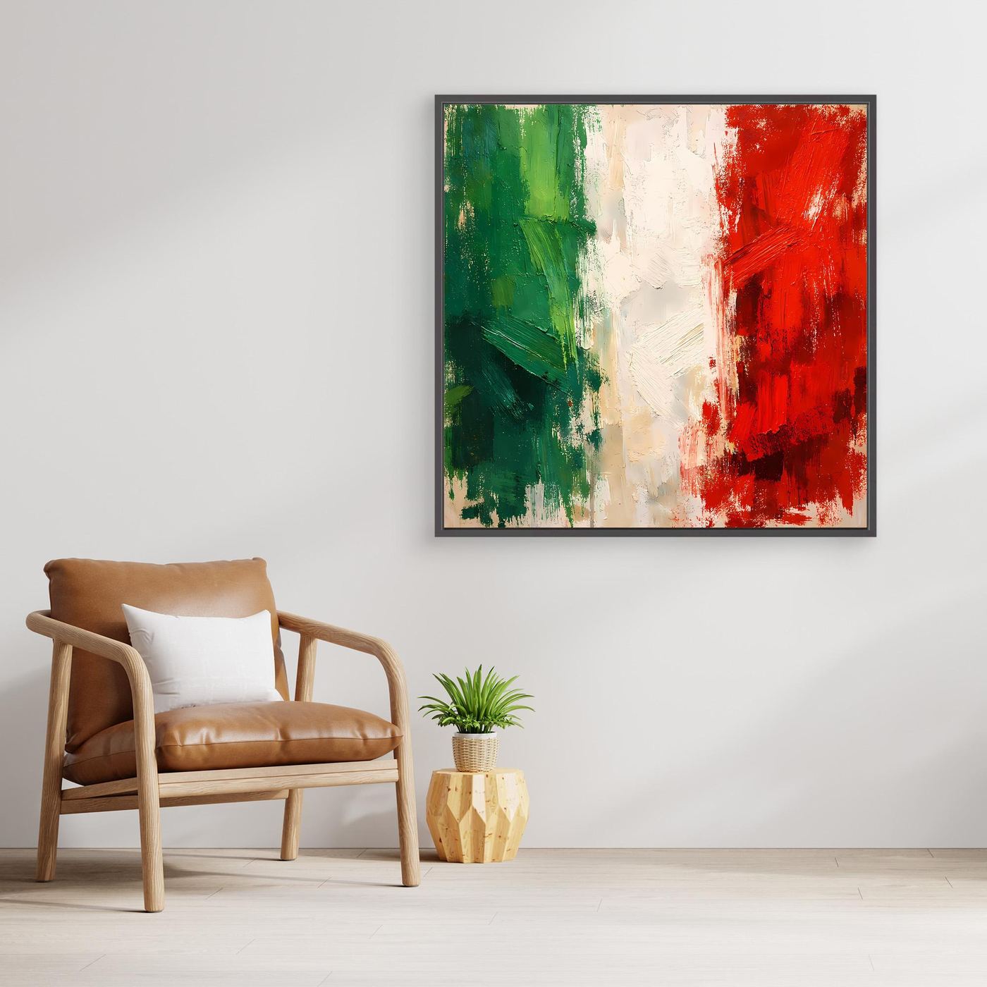 Black framed abstract wall canvas with green, white and red brush strokes