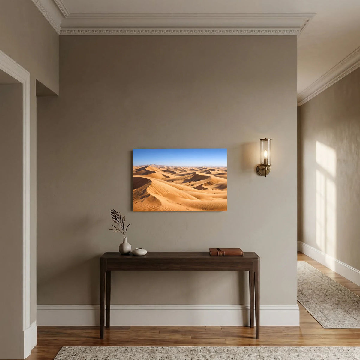 Panorama-Sanddünen-Poster mit goldenen Dünen, blauem Himmel, querformatig