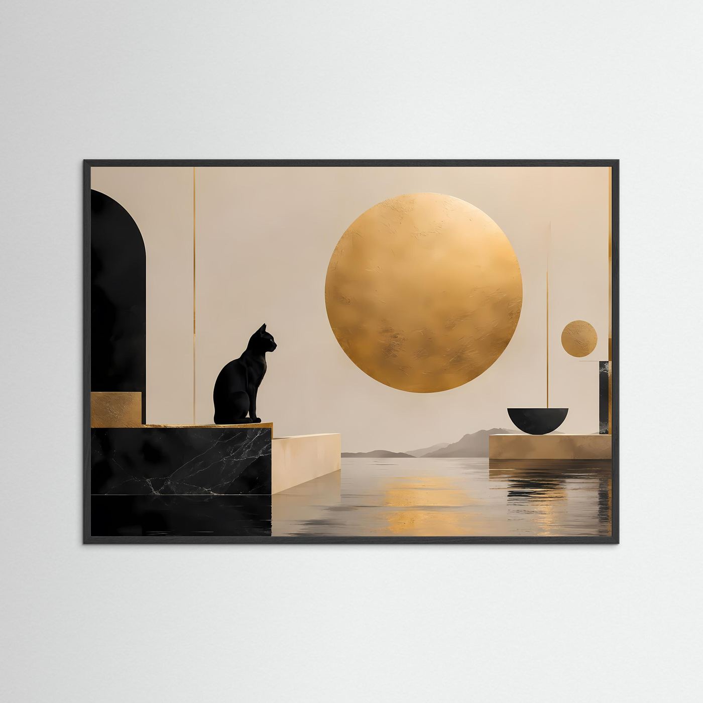 Schwarze Katze vor goldener Sonne | Minimalistische Kunst in Schwarz & Beige