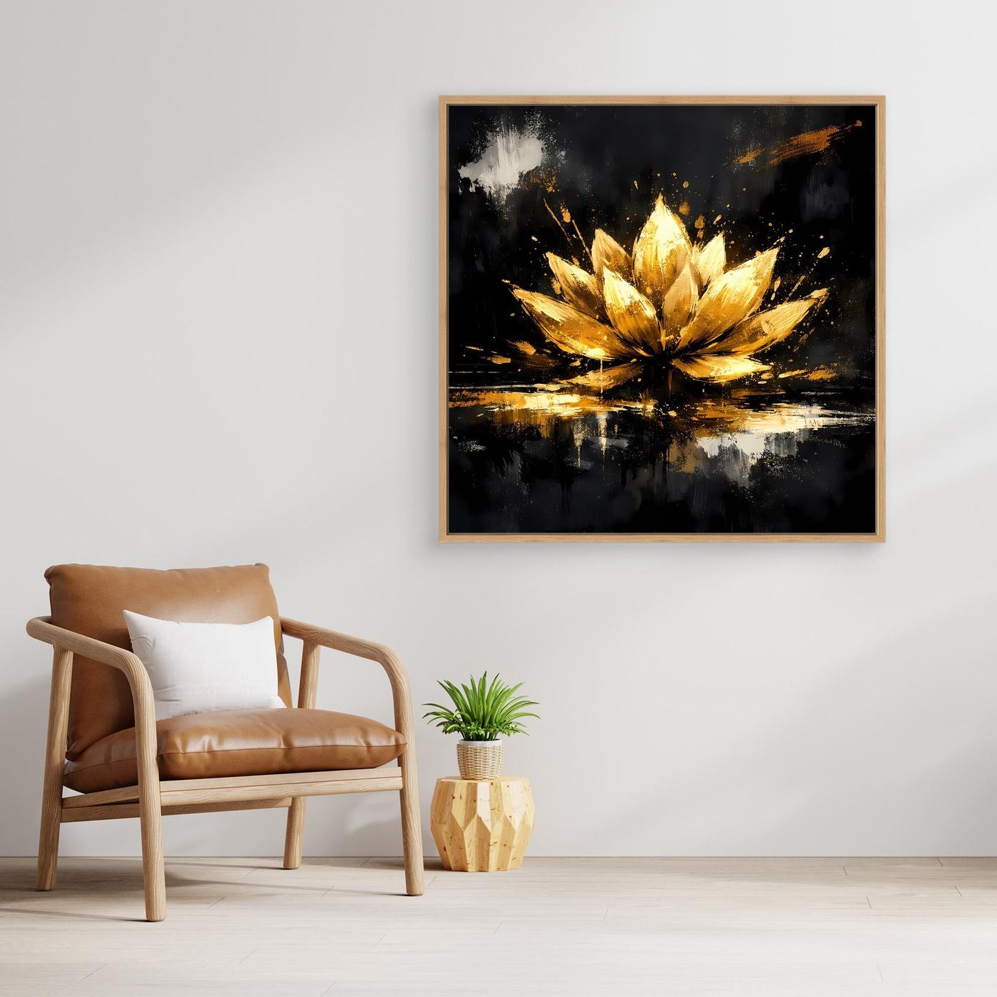 Leinwand Goldene Lotusblüte Abstrakt | Modernes Lotus Wandbild Schwarz Gold