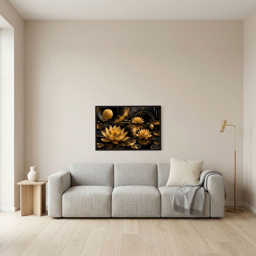 Gerahmtes Wandbild mit goldenen Lotusblüten auf dunklem Wasser, schwarzer Rahmen