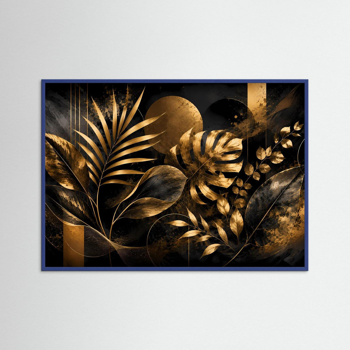 Querformat-Poster mit abstrakten Pflanzenblättern, Schwarz-Gold, im blauen Rahmen