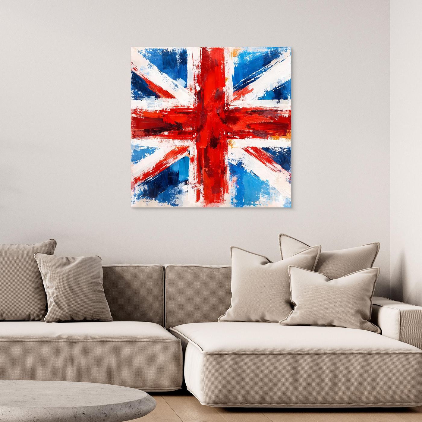 Abstract Union Jack wall art canvas, blue and red cross with white paint strokes