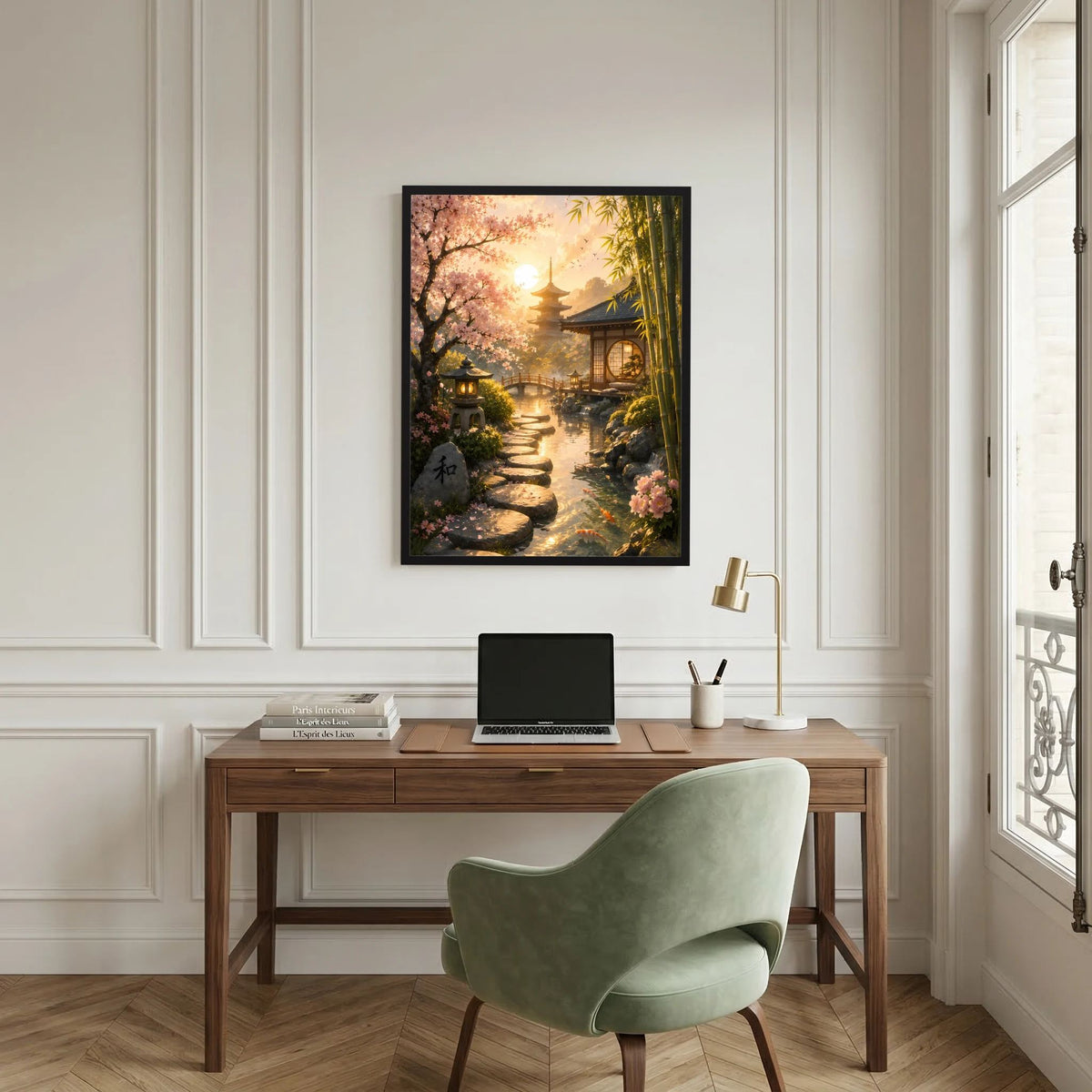Hochformat-Poster Zen-Garten: Laternen am Weg, Kirschblütenzweig und Pagode, schwarz gerahmt