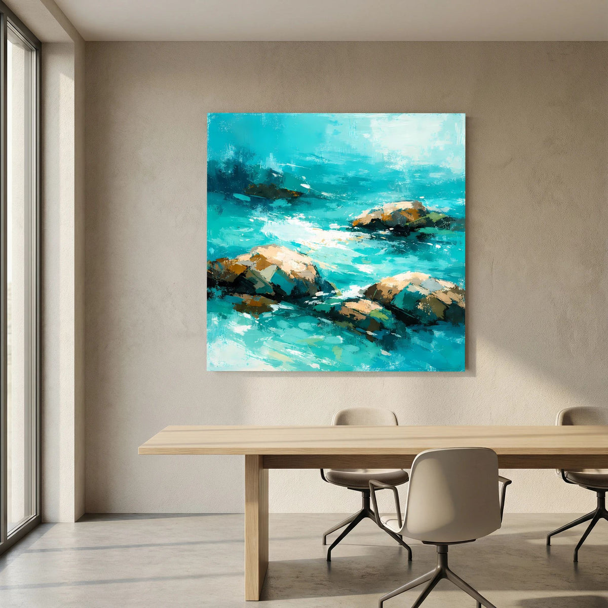 Modernes Wandbild aus Leinwand: türkisfarbenes Meer mit Felsen und hellen Lichtflächen