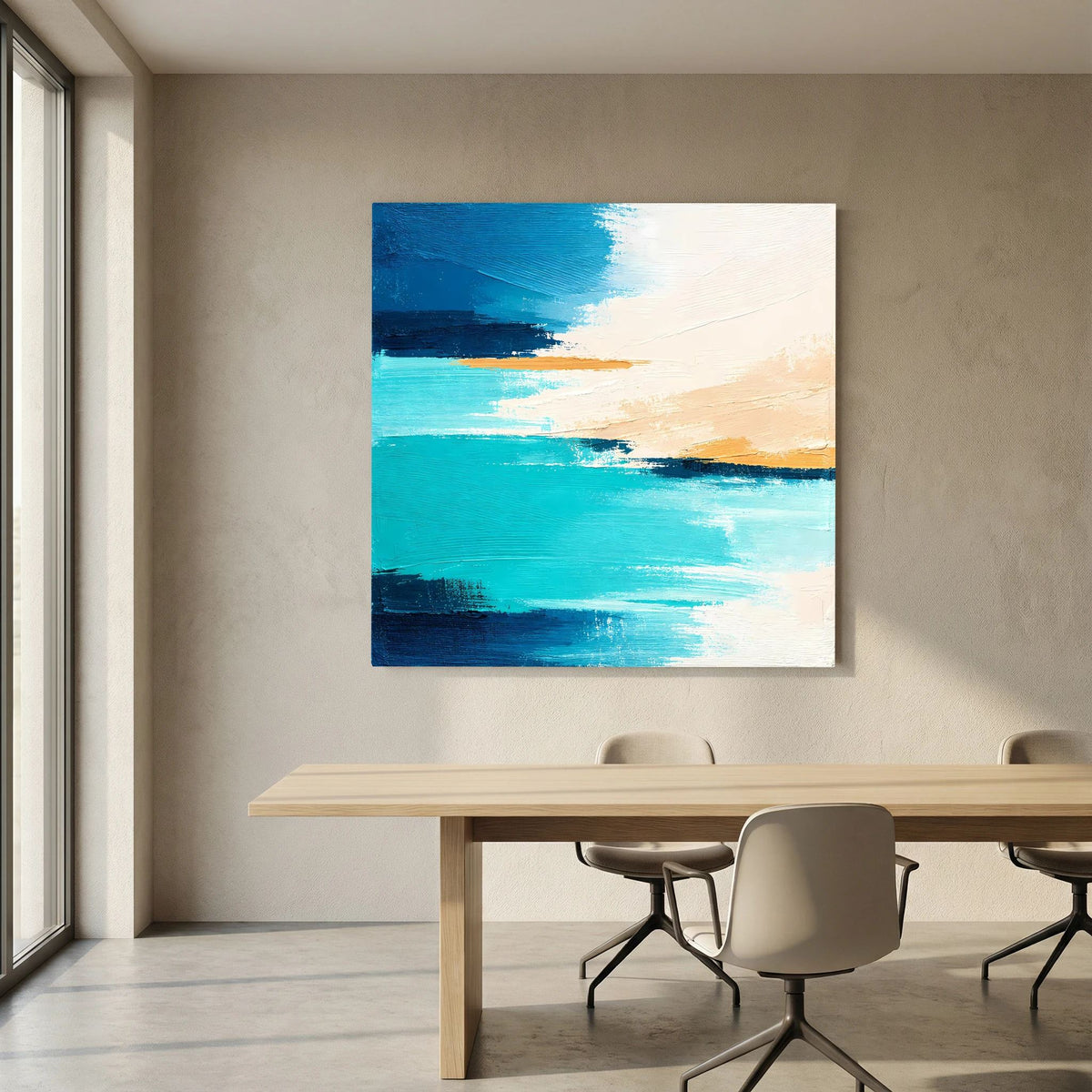 Quadratisches Acryl-Wandbild mit türkis-beigem Farbverlauf und abstrakten Meereslinien