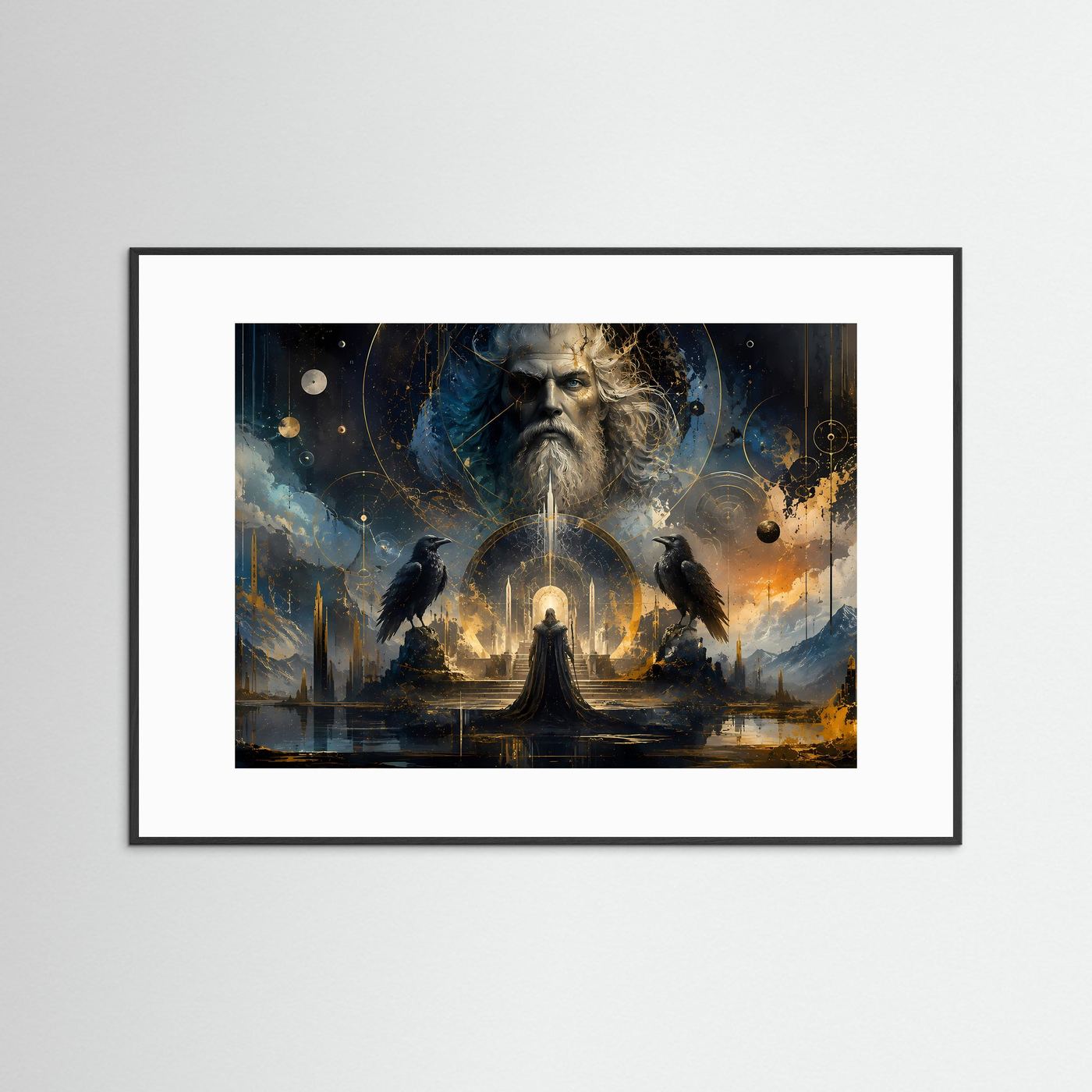 Odin mit Raben in Blau & Gold | Mystische nordische Götter Wandkunst