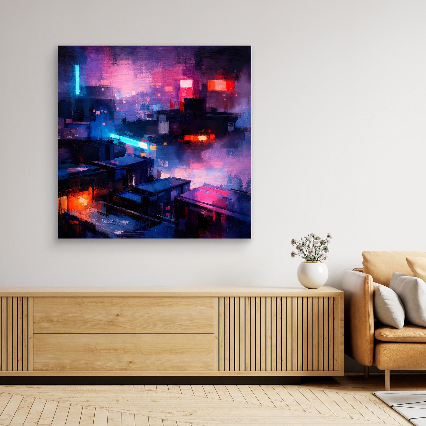 Leinwand Cyberpunk City bei Nacht | Modernes Neon-Dystopie Wandbild auf echter Leinwand