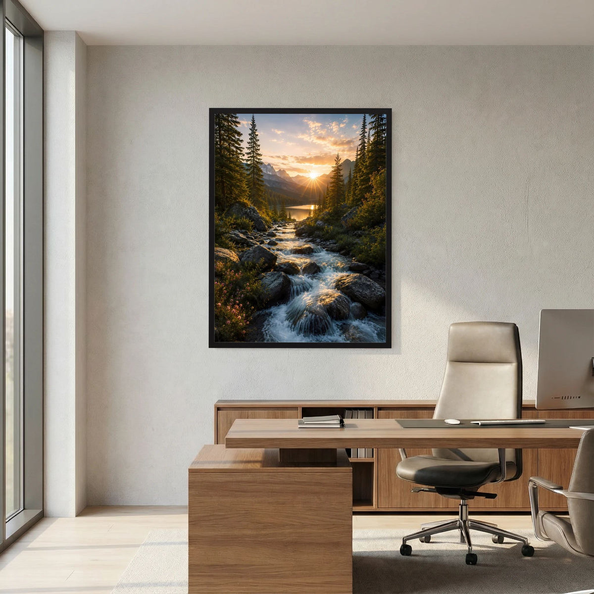 Hochformat-Poster mit Sonnenuntergang, Bach durch Wald und Abendhimmel, schwarz gerahmt