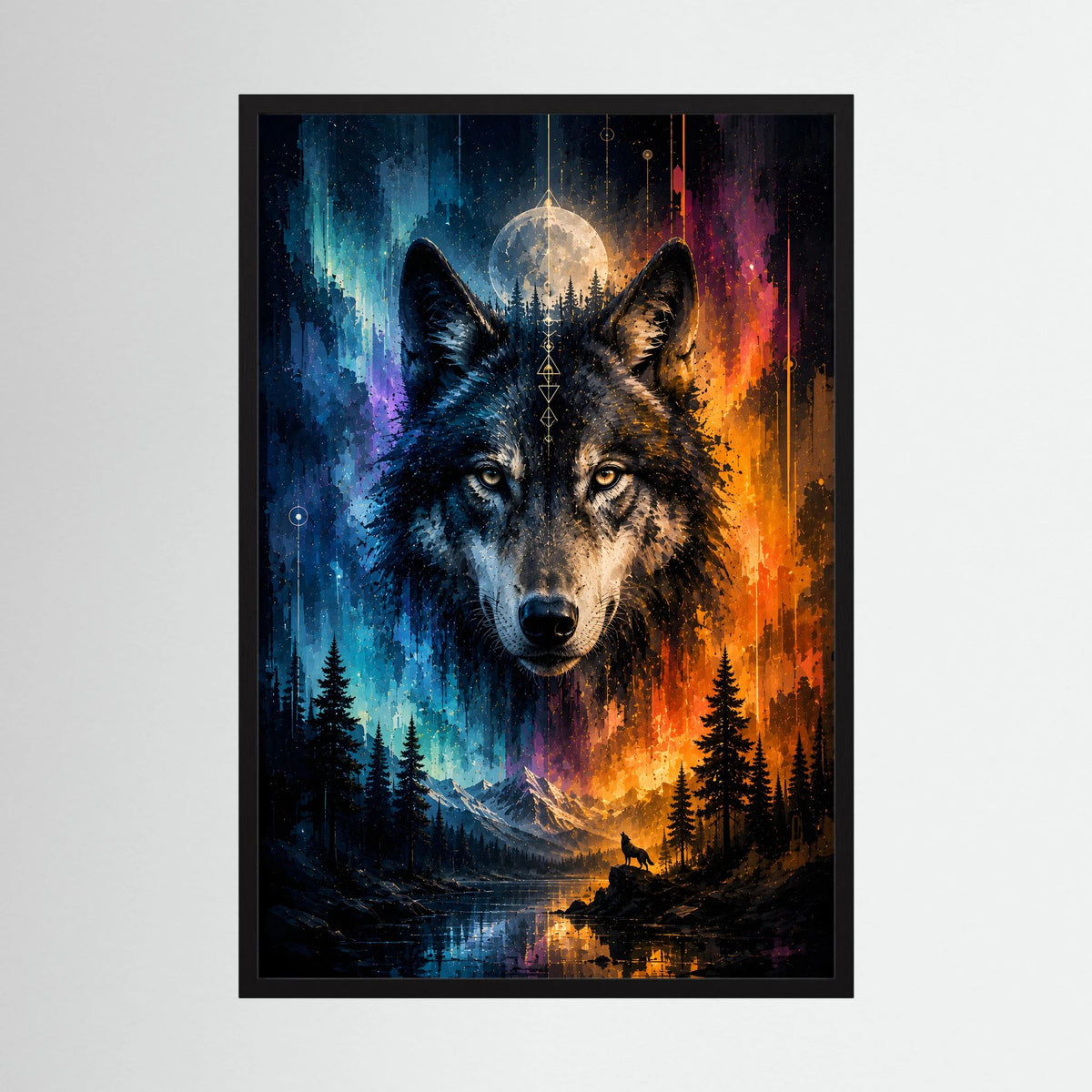 Poster im Hochformat mit zwei Wölfen, Mond und Wald, Blau-Orange, schwarzer Rahmen