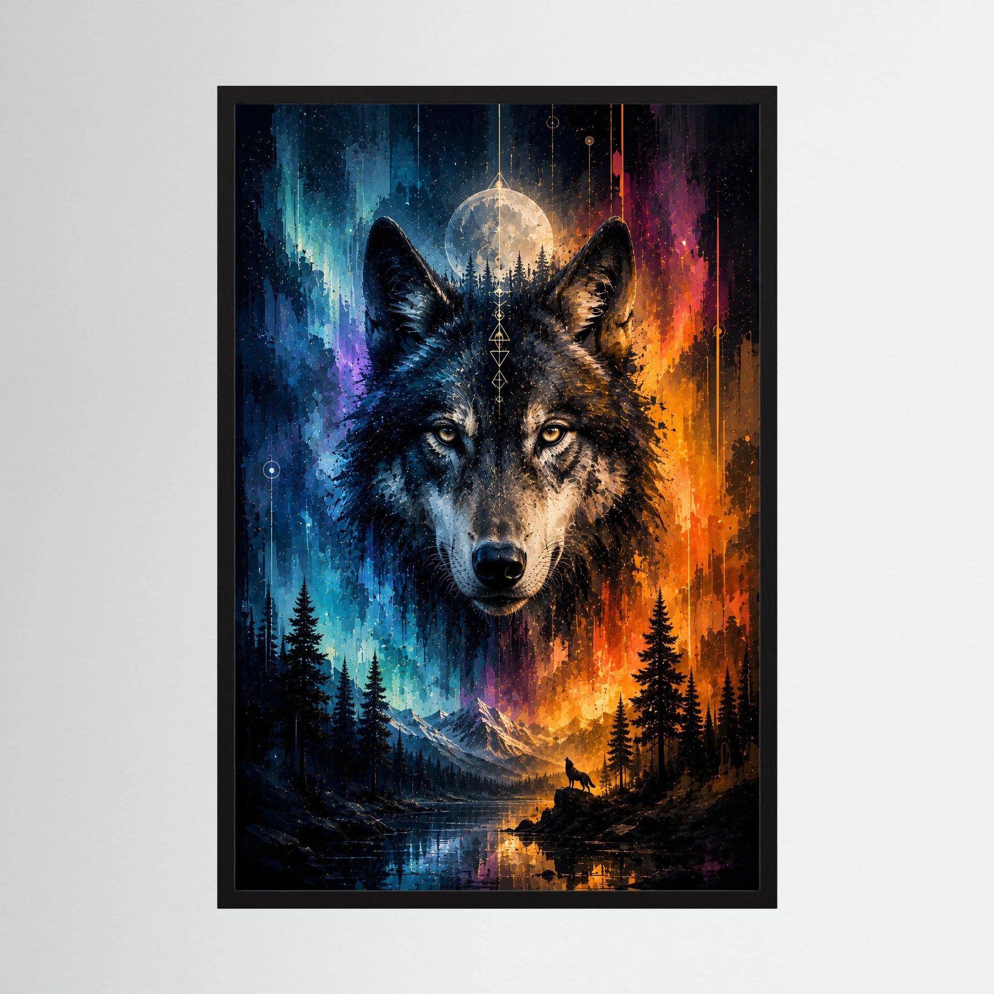 Poster im Hochformat mit zwei Wölfen, Mond und Wald, Blau-Orange, schwarzer Rahmen