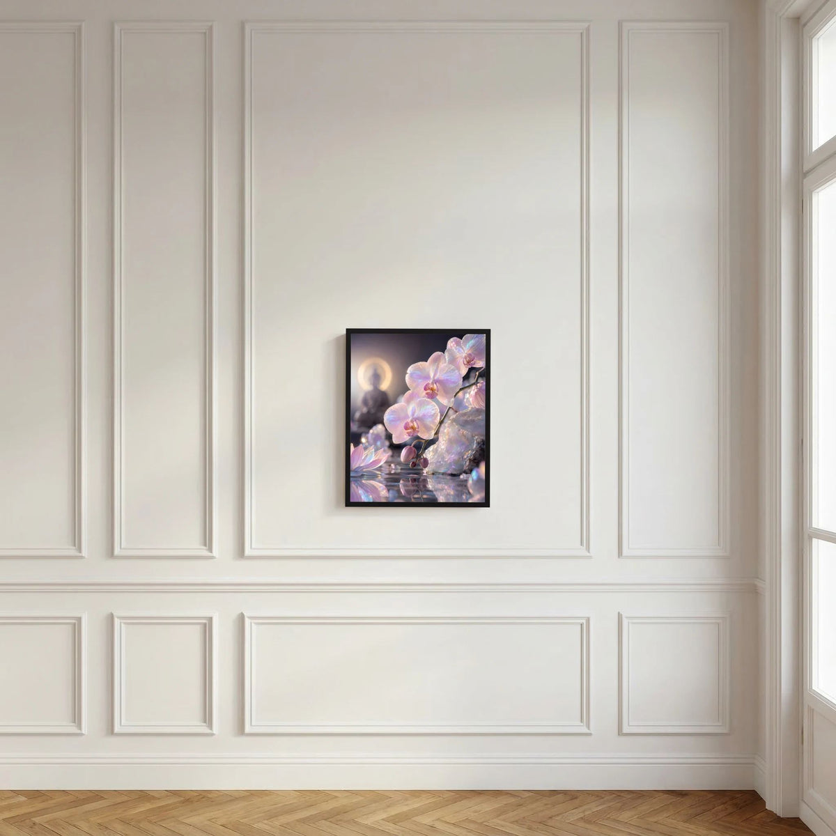Gerahmtes Hochformat-Poster mit perlmuttfarbenen Orchideenblüten und Spiegelreflexen.