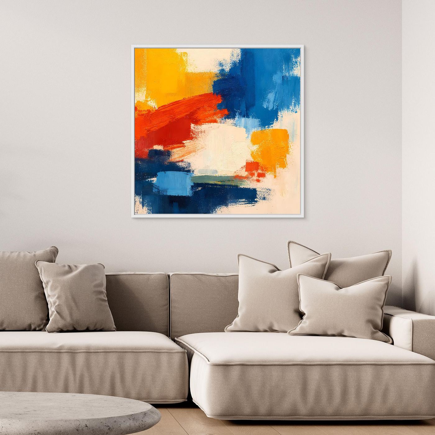 Abstract canvas wall art with blue, red, and yellow brush strokes in a white frame