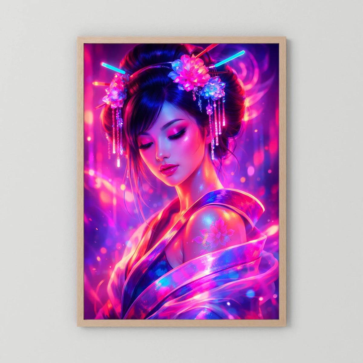 Neon-Poster mit japanischer Frau, Holzrahmen, Pink- und Blautöne mit Neonlichteffekt
