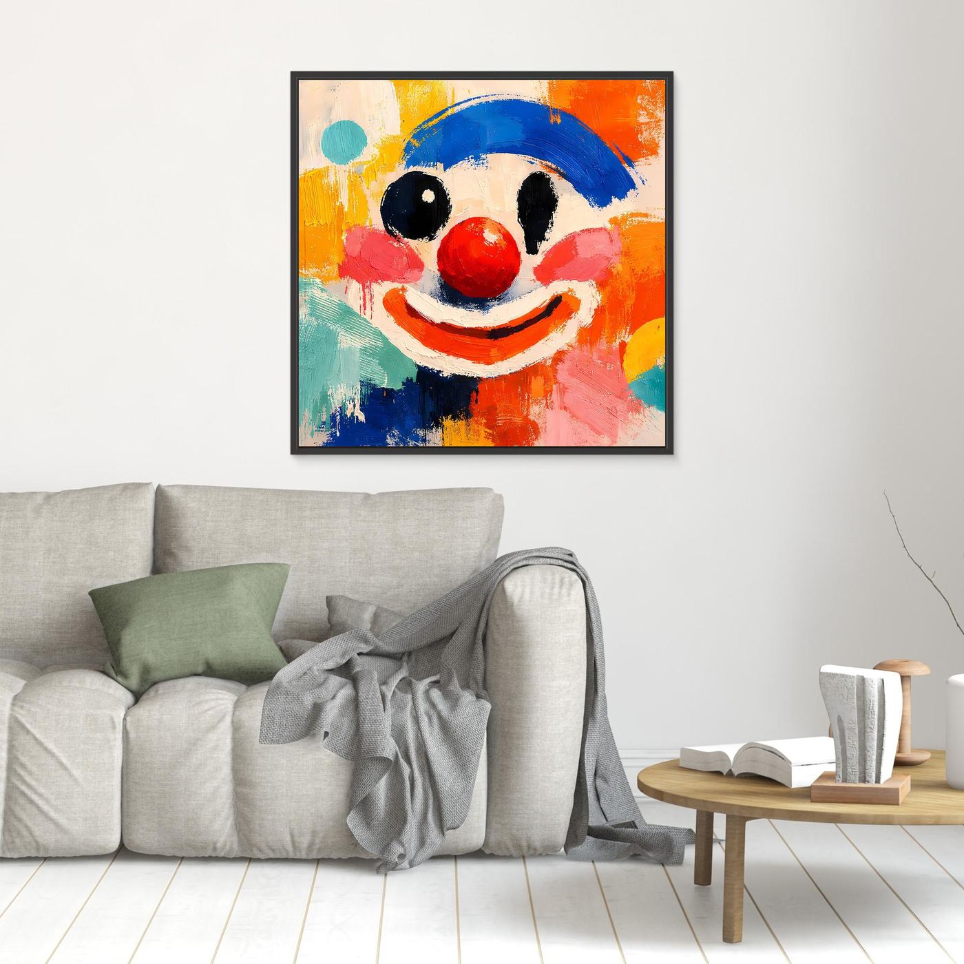 Kleines gerahmtes Leinwand-Wandbild mit abstraktem Clown-Gesicht, blauem Hut und roter Nase, schwarzer Rahmen.