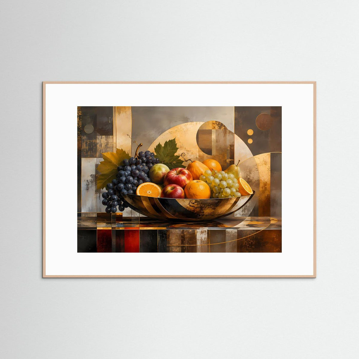 Poster im hellbraunen Holzrahmen mit Fruchtschale, Trauben, Äpfeln und Orangen