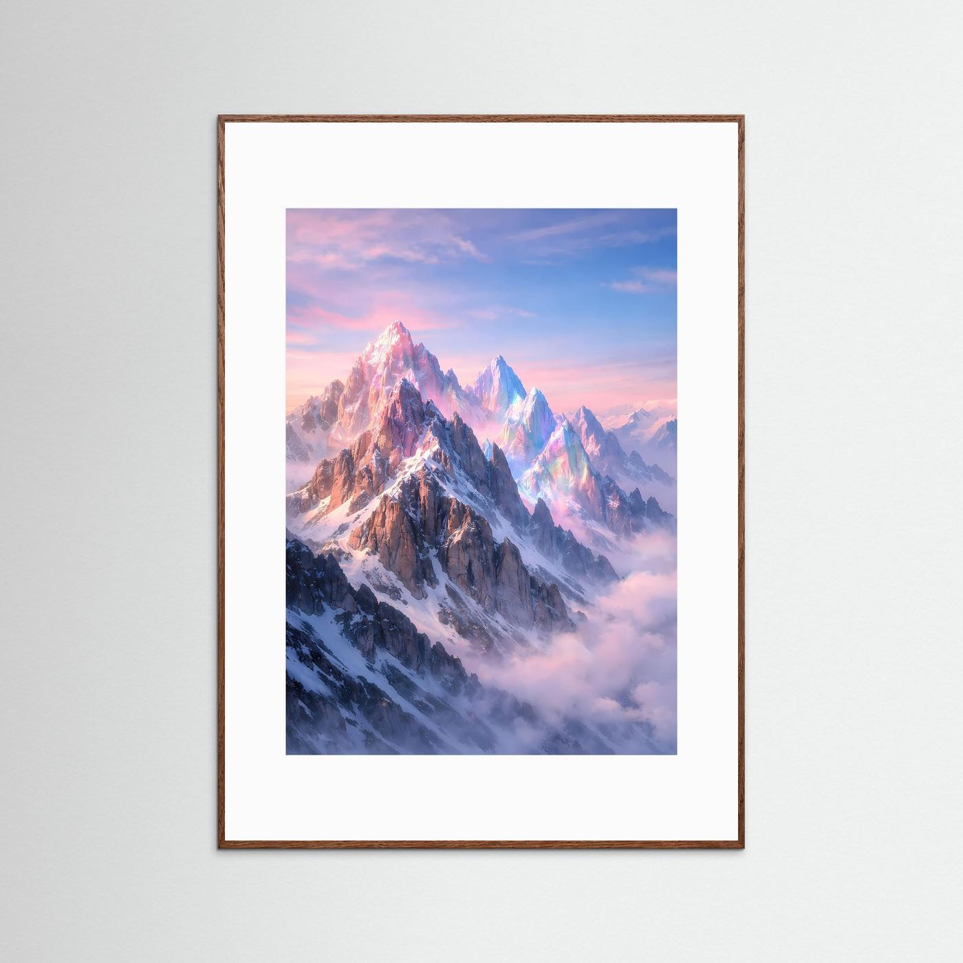 Bergposter mit schneebedeckten Alpen im Abendhimmel, brauner Rahmen, Hochformat