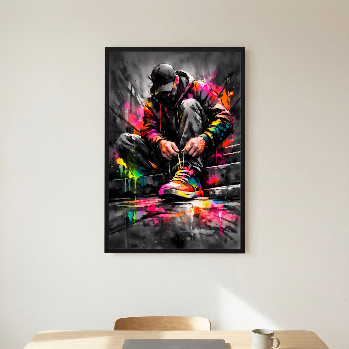 Hochformatiges Poster im schwarzen Rahmen, knieende Figur mit regenbogenfarbenen Farbspritzern