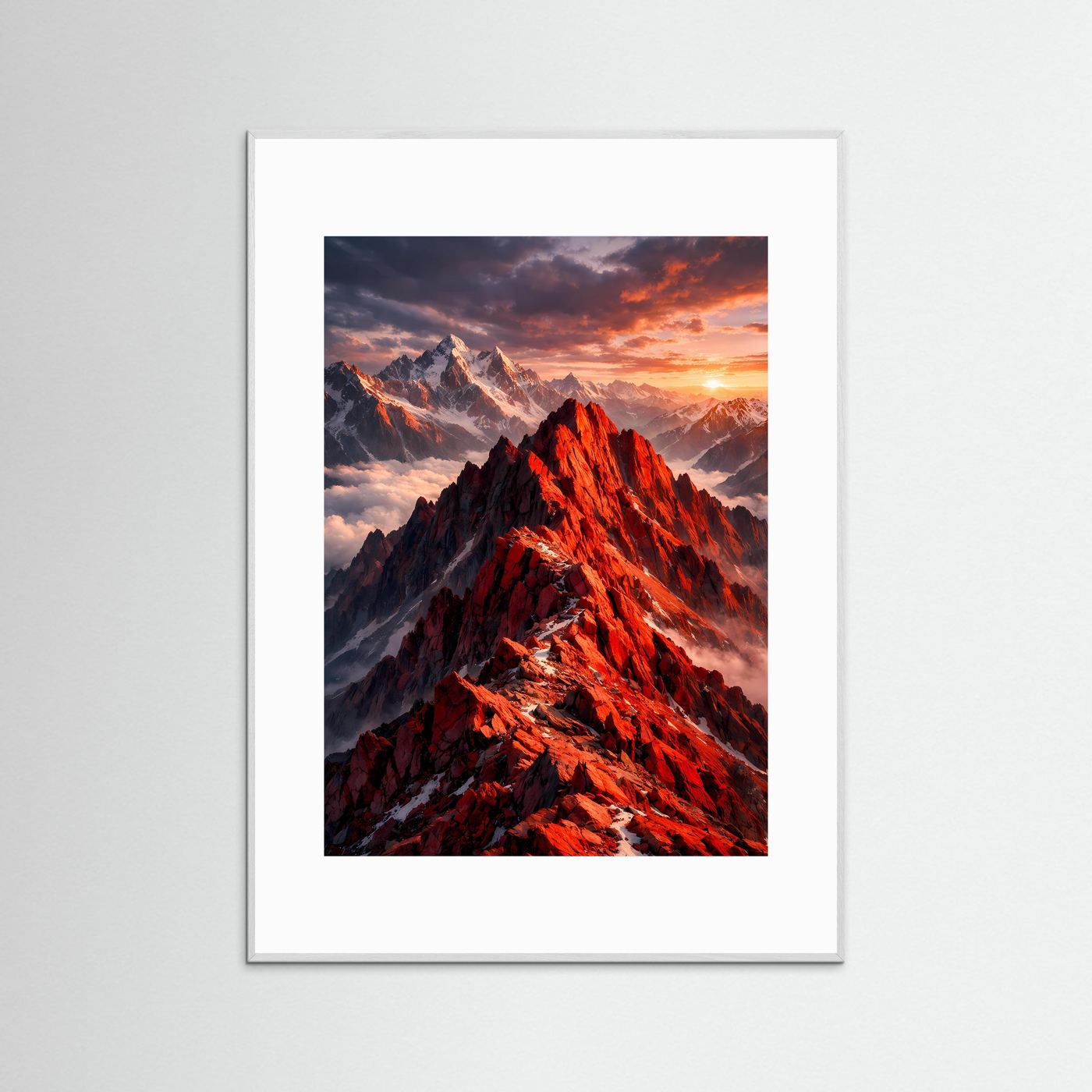 Bergposter mit Alpenglühen in Rot: wilde Bergspitzen, Sonnenaufgang, silbergrau gerahmt