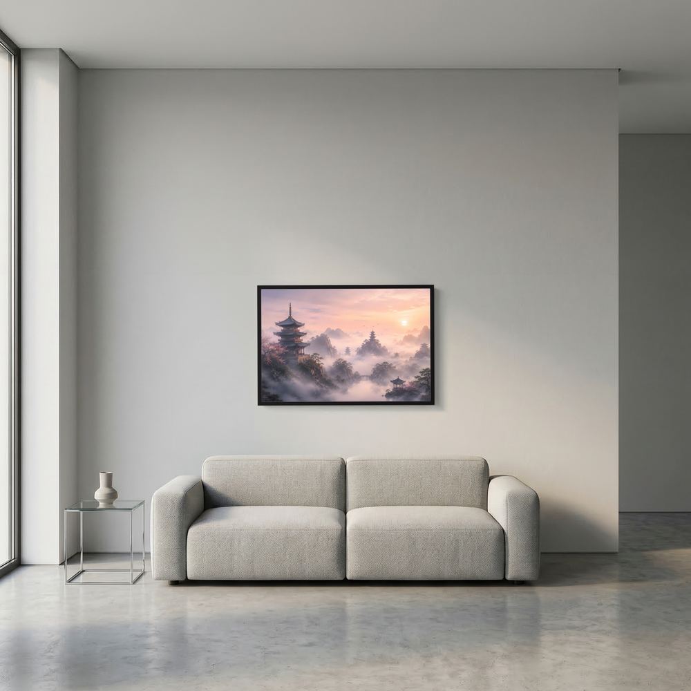 Kleines Wandbild im Querformat mit Pagodenlandschaft und Pastellrosa-Sonnenaufgang, schwarzer Rahmen