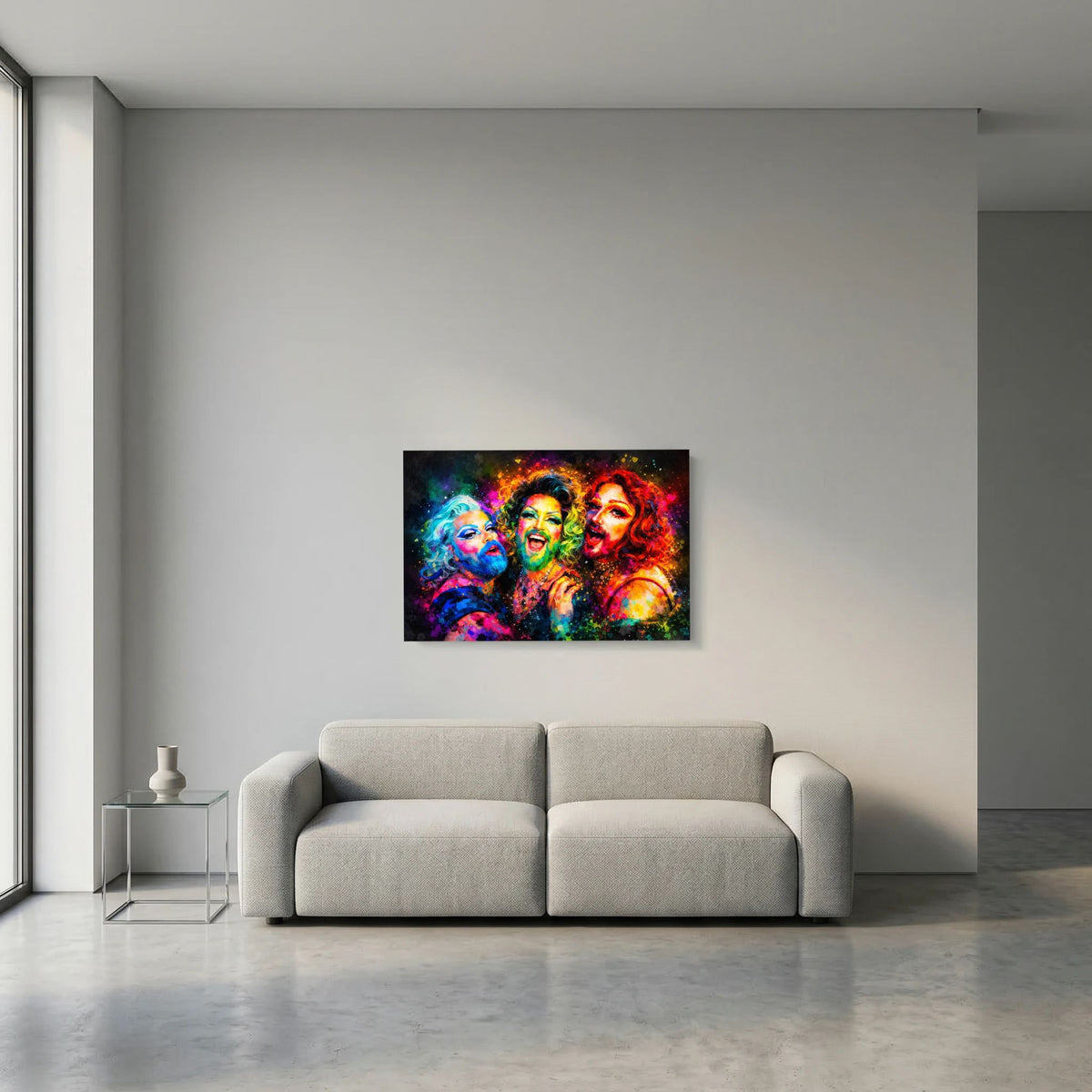 Wandposter mit farbenfroher Porträtkunst: drei Drag-Queens im lebendigen Stil
