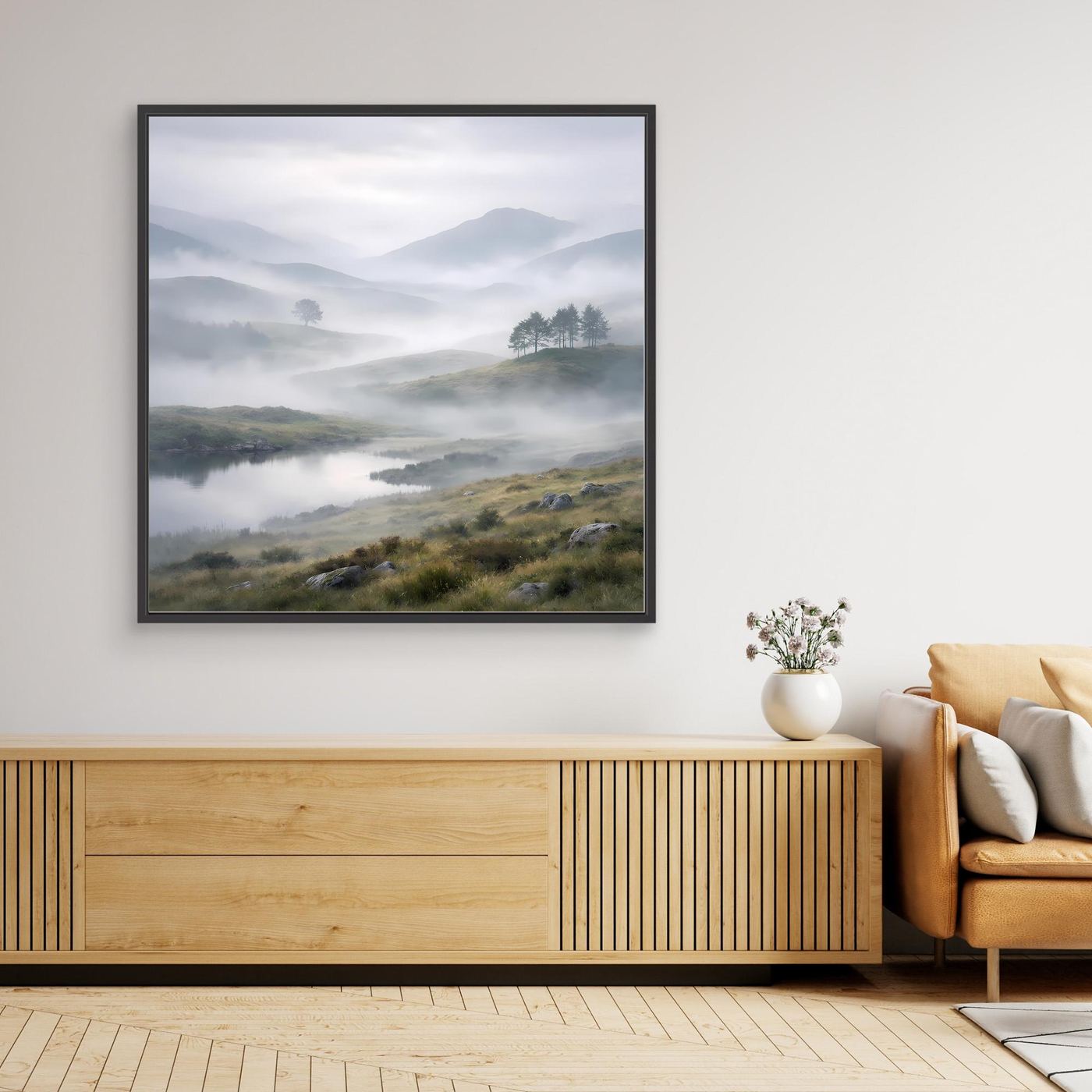 Gerahmtes Leinwandbild mit nebliger Bergsee-Landschaft, Berge im Dunst, dunkler Rahmen