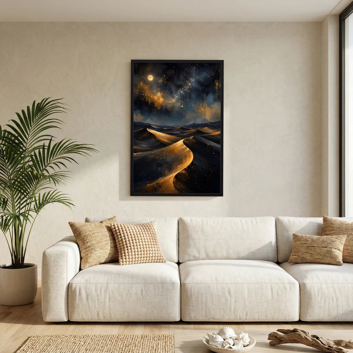 Poster mit goldenen Dünen und Mondnebel, schwarzer Rahmen