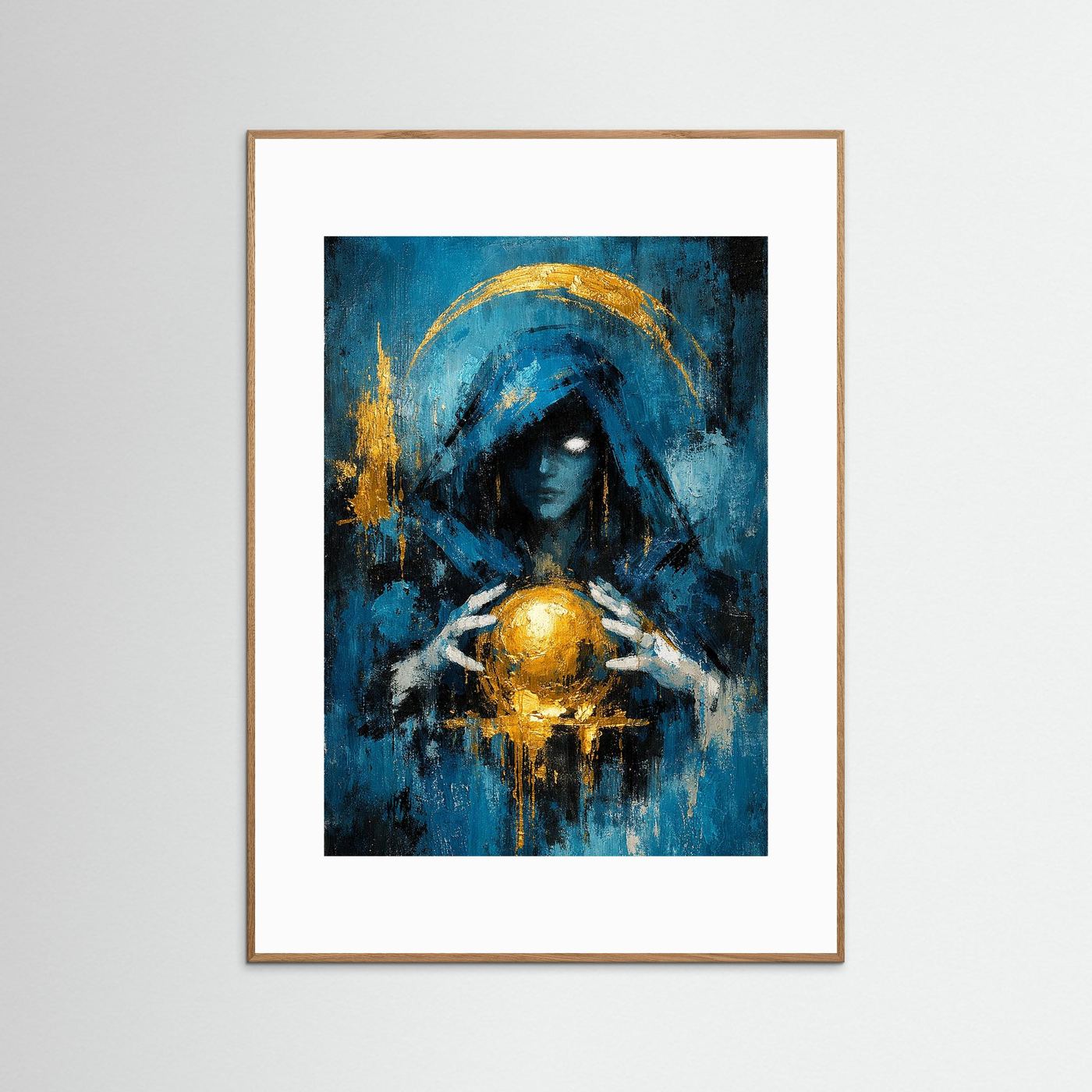 Hochformatiges Fantasy-Poster mit blauer Frau, goldener Kugel und hellbraunem Rahmen