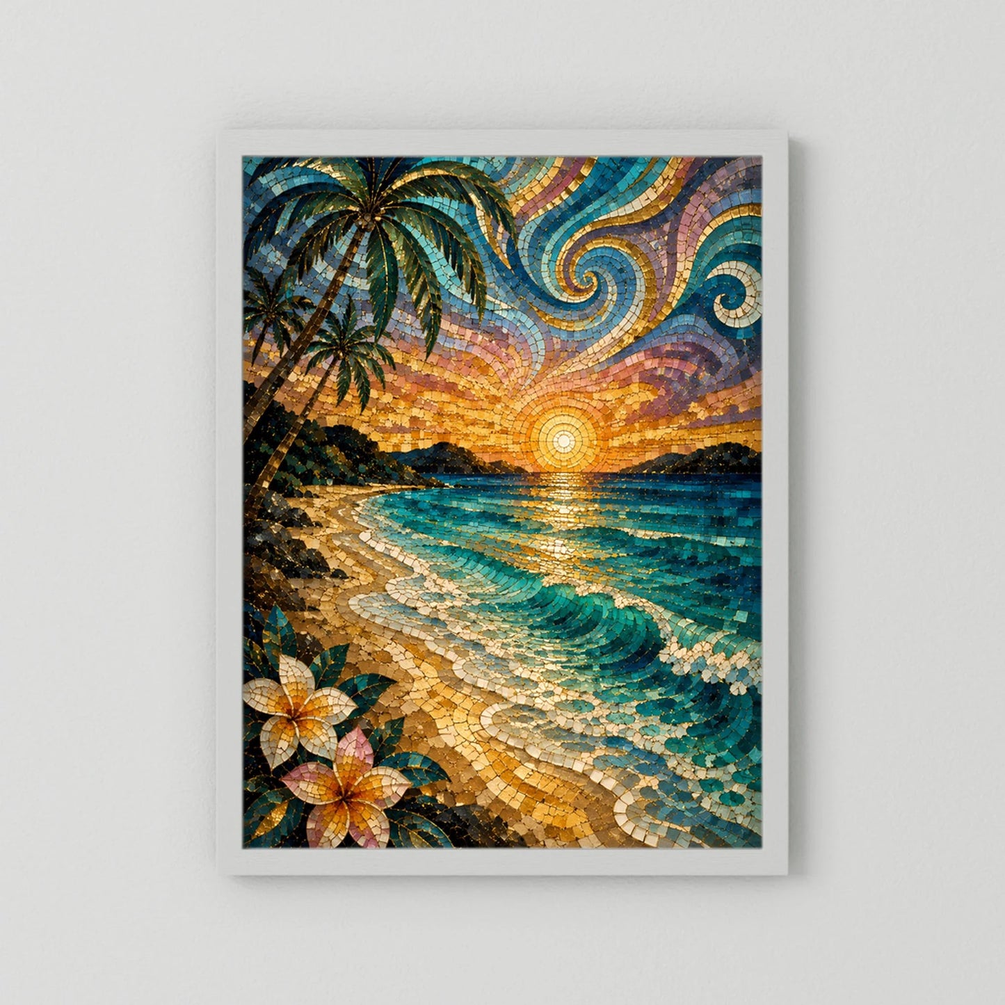 Hochformat-Poster mit Mosaikstrand: türkisfarbenes Meer, Palmen und goldener Sonnenuntergang, weißer Rahmen.